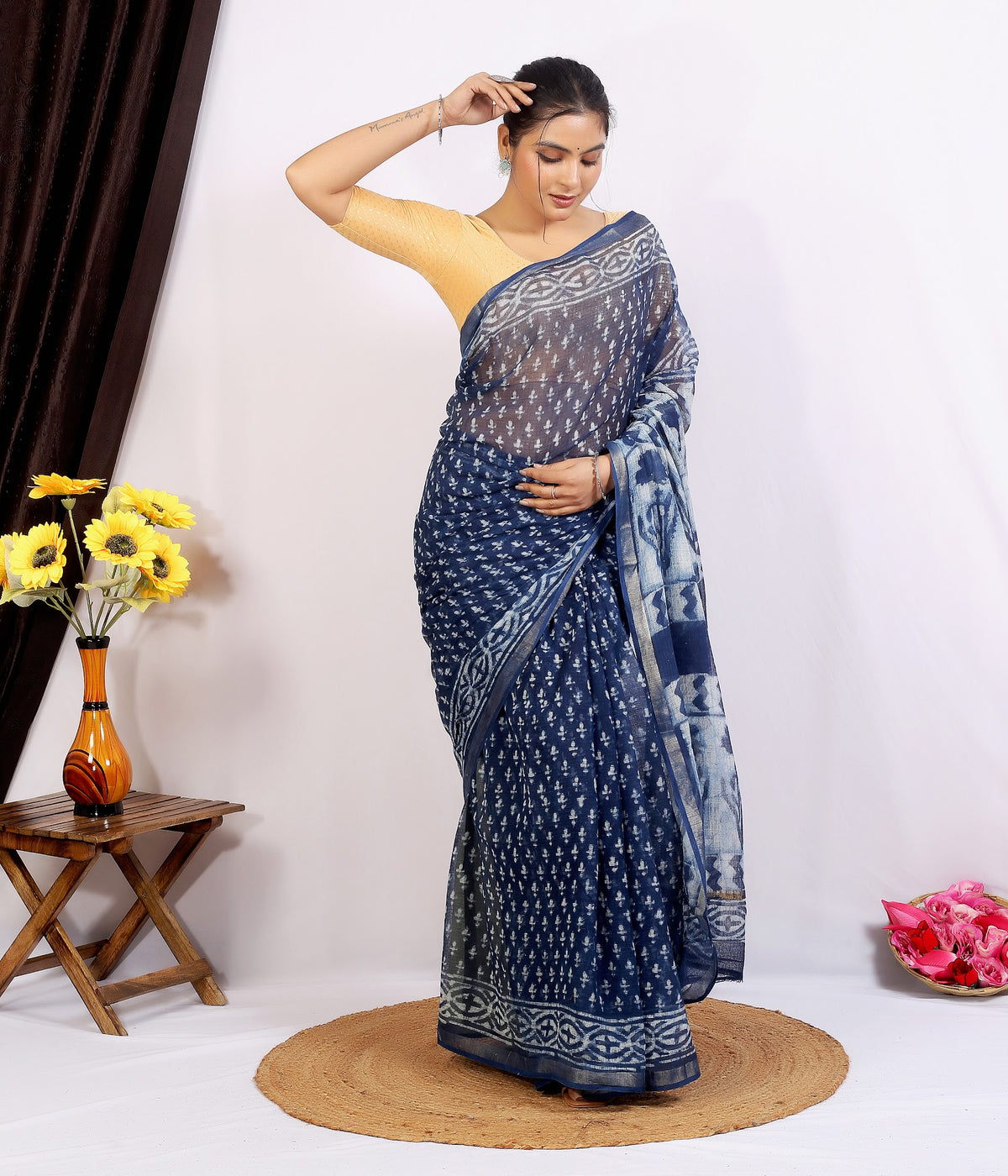 Navy Indigo Buti Dabu Kota Doria dabu hand block print saree with blouse – navy indigo – wholesale Jaipur