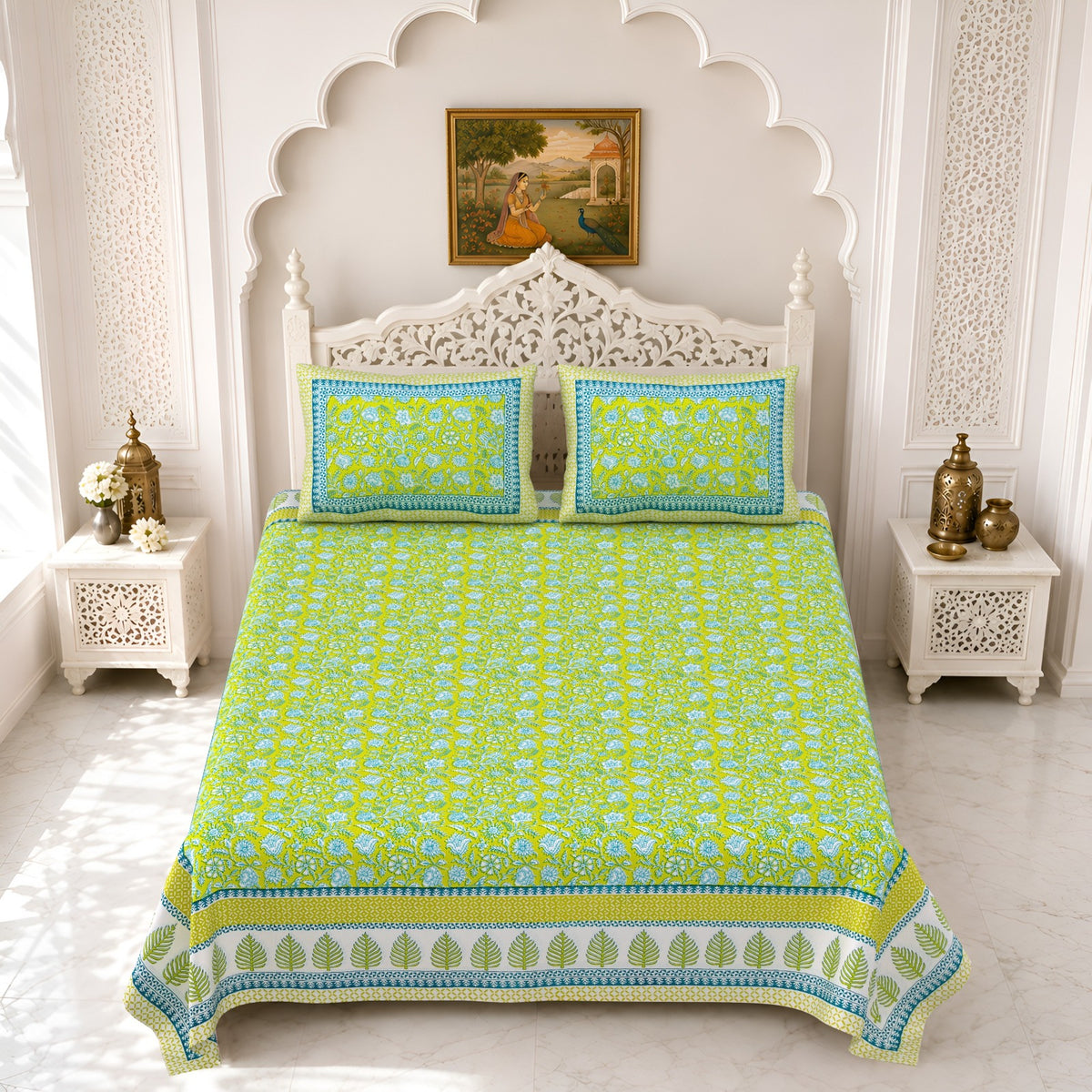 Premium Royal Block Lime Green Floral Cotton Double Bedsheet 90x108 with 2 Pillow Covers Bedsheet 1akJL1fQLMYtWz0QYrz_tefw4R02dUCy4_w2000
