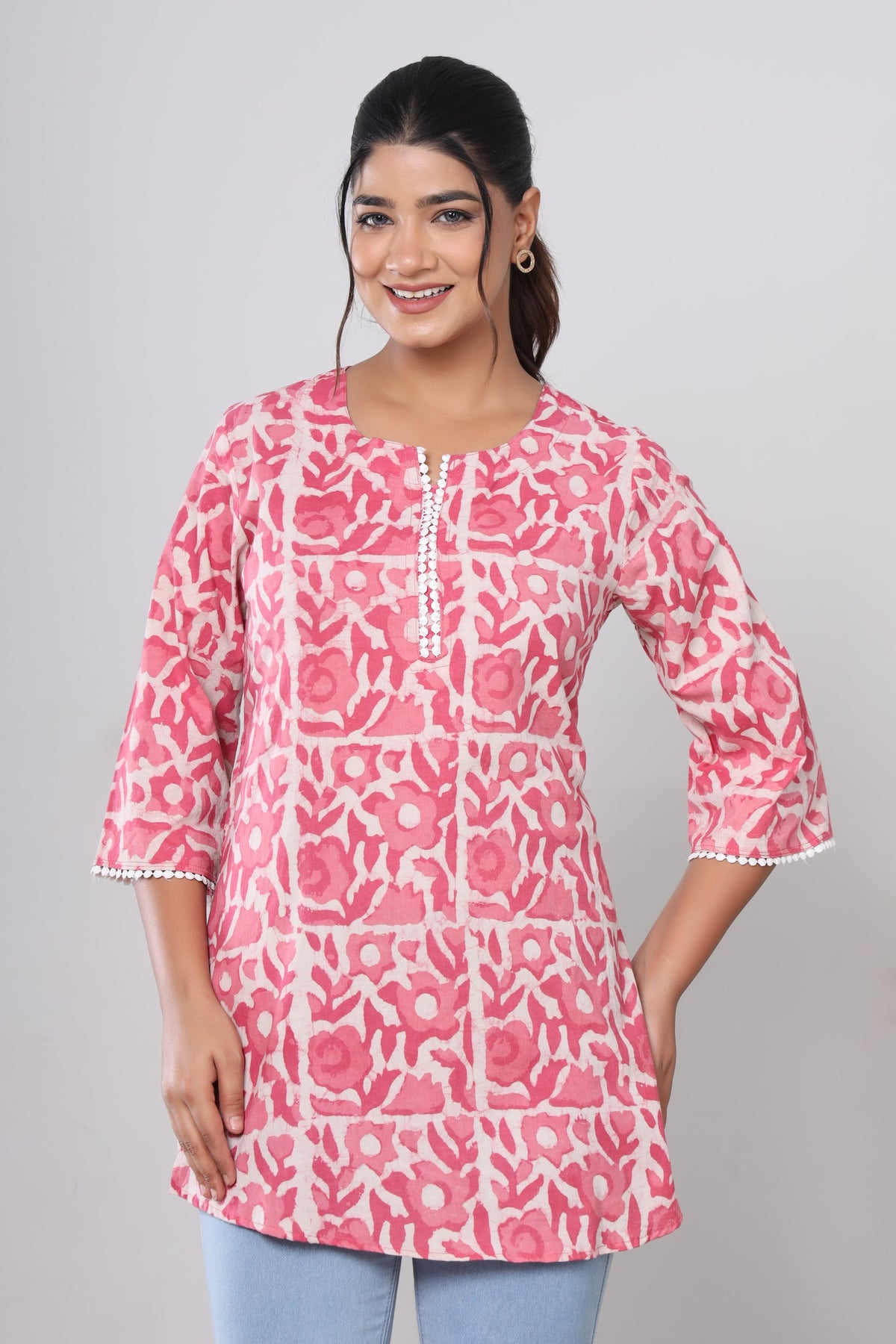 Pink Floral Jaal hand block short kurti – make to order wholesale