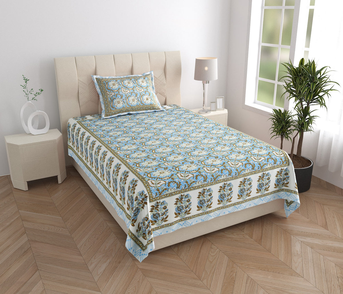 Elora Sage Blue Floral Jaal Murugan cotton single bedsheet 60x90 with pillow cover – sage and blue – wholesale Jaipur – view 5