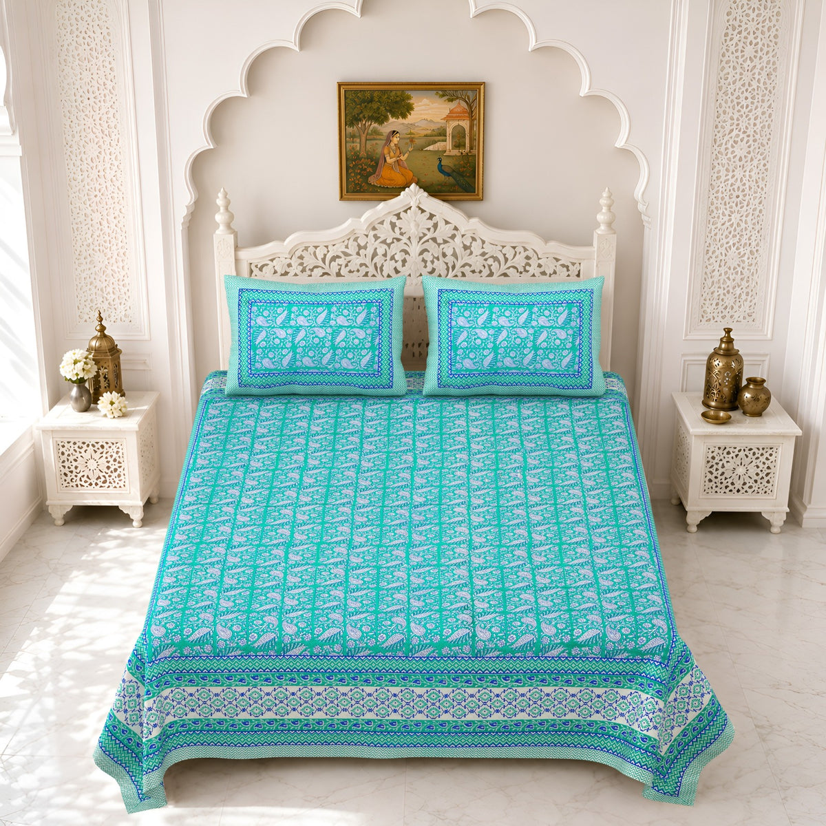 Premium Royal Block Aqua Booti Cotton Double Bedsheet 90x108 with 2 Pillow Covers Bedsheet 1ayl0H9djWmykIkcpCXCJ3M36UFfx7s9P_w2000