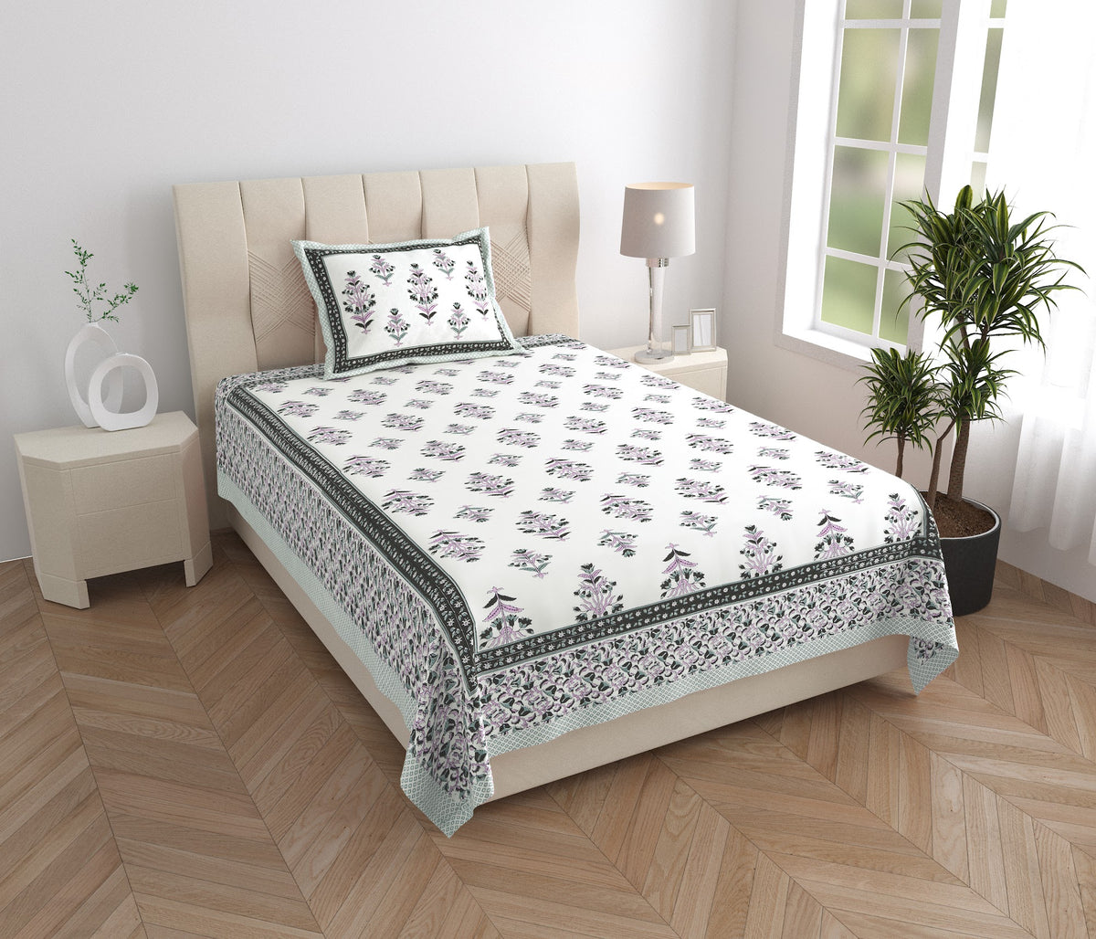 Elora Grey Border Mughal Buta Murugan cotton single bedsheet 60x90 with pillow cover – grey – wholesale Jaipur – view 5