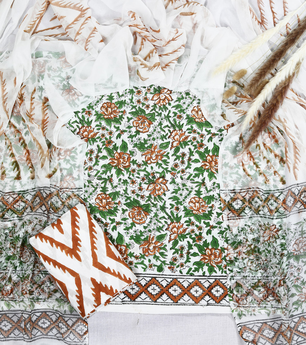 Gulnaar Green Rust Floral White Hand Block Print Cotton Suit with Chiffon Dupatta – Unstitched 3 Piece Suit Material 1bLWCT6L2ro8DrfCMn1EGCwchFNuAB1Qh_w2000