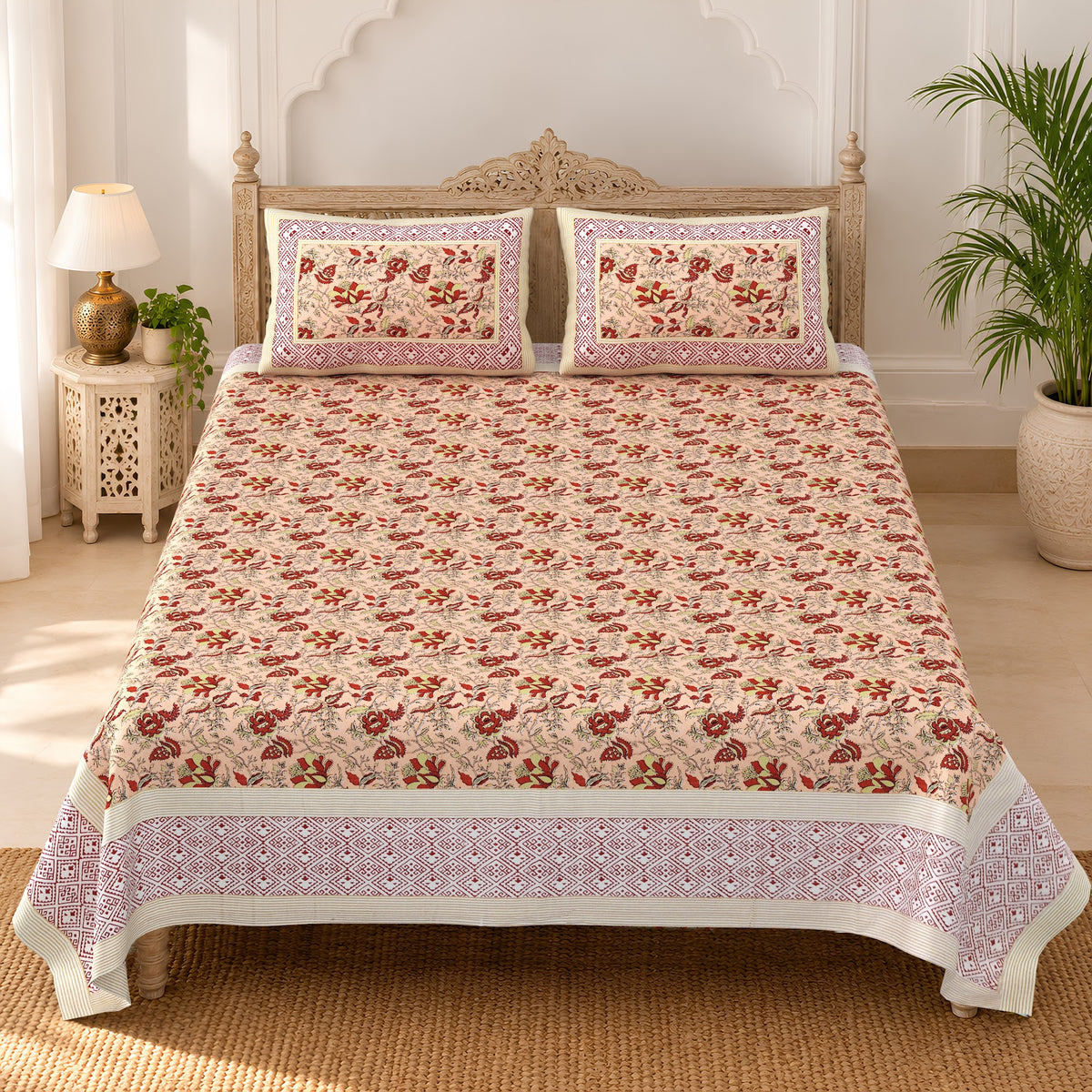 Rust Peach Floral Bel pure cotton double bedsheet 90x108 – Unnati collection