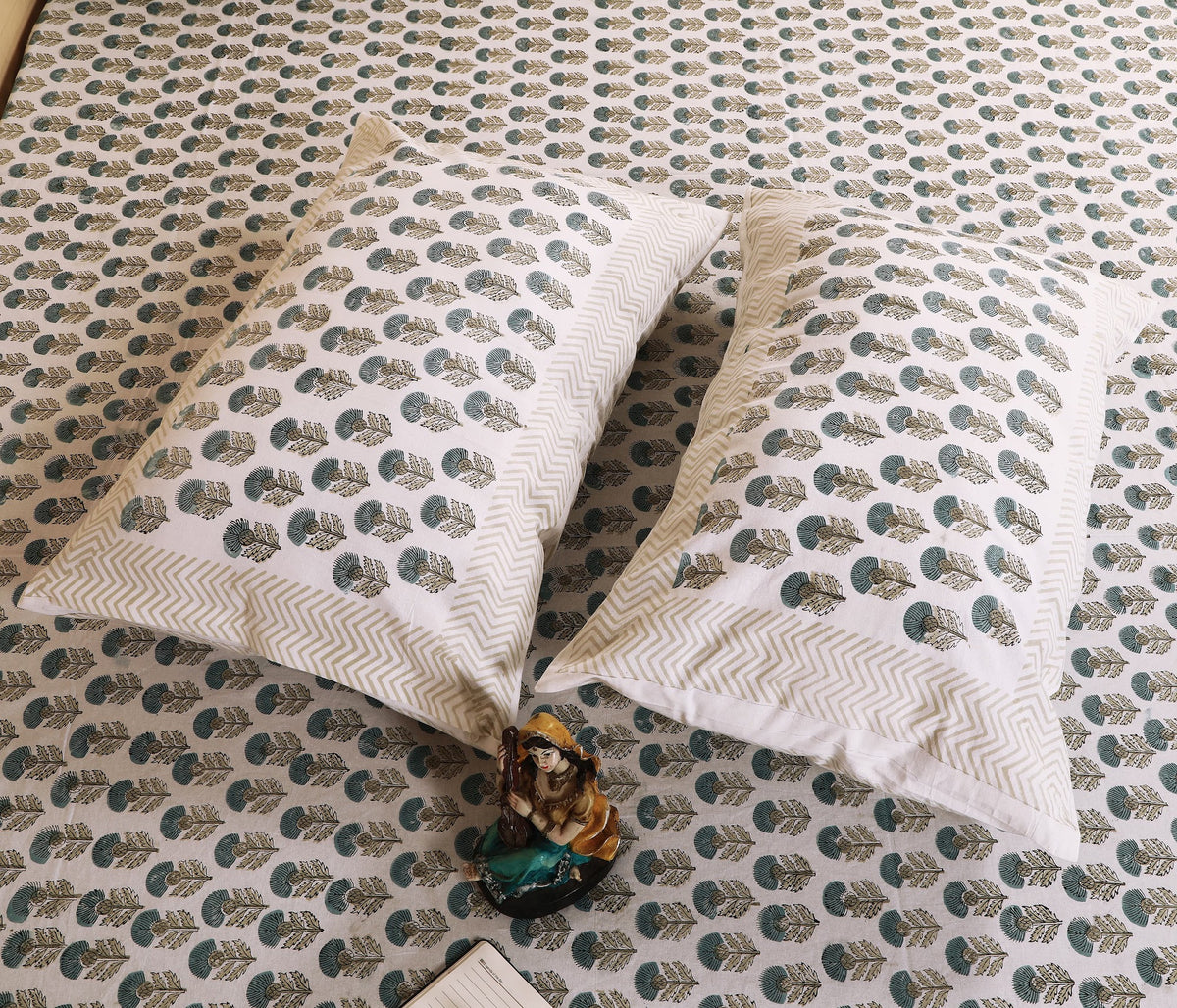 Sage Paisley hand block printed Murugan cotton double bedsheet 95x108 with 2 pillow covers – sage and grey – wholesale Jaipur – view 3