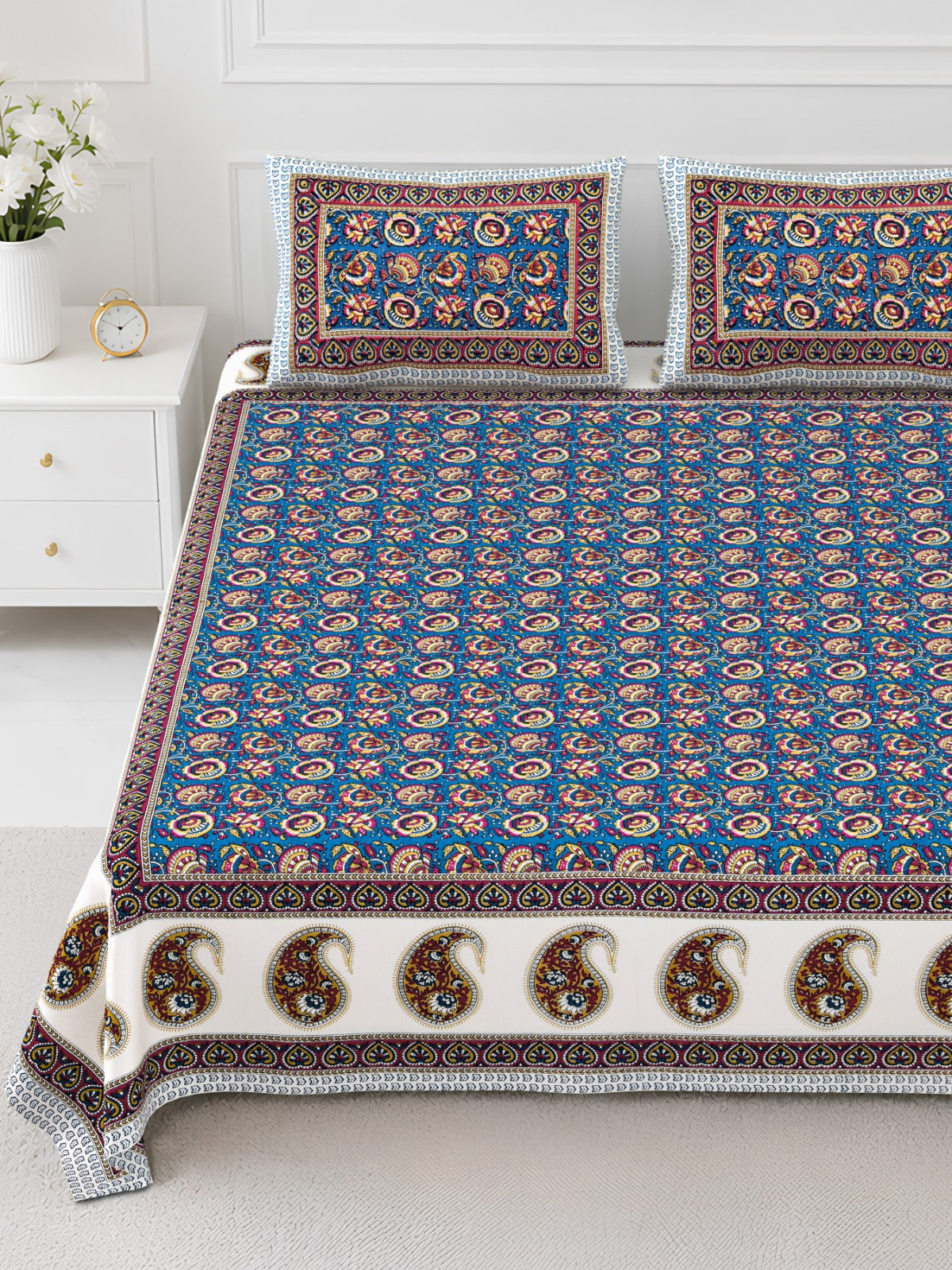 Elite Blue Paisley Border Cotton Double Bedsheet 90x108 with 2 Pillow Covers Bedsheet 1bgvXb3grWv2TuyXd0BqFBCojcv3fNZKa_w2000