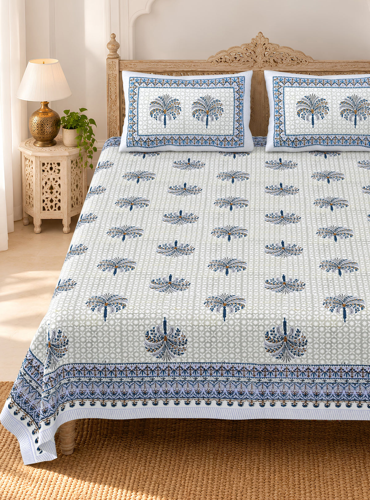 White Indigo Palm Buta pure cotton double bedsheet 90x108 – Unnati collection – view 2