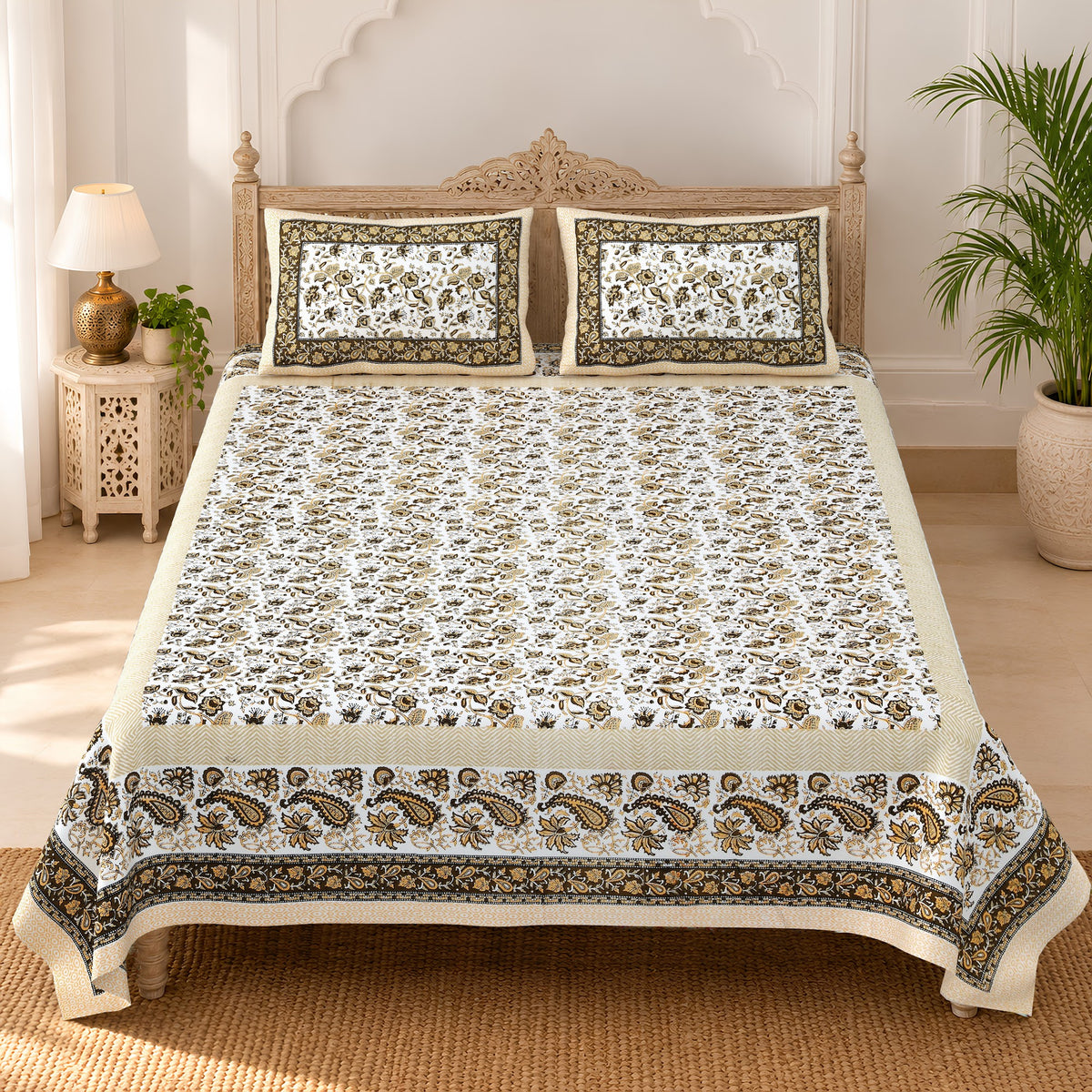 Cream Mehendi Floral Jaal pure cotton double bedsheet 90x108 – Unnati collection