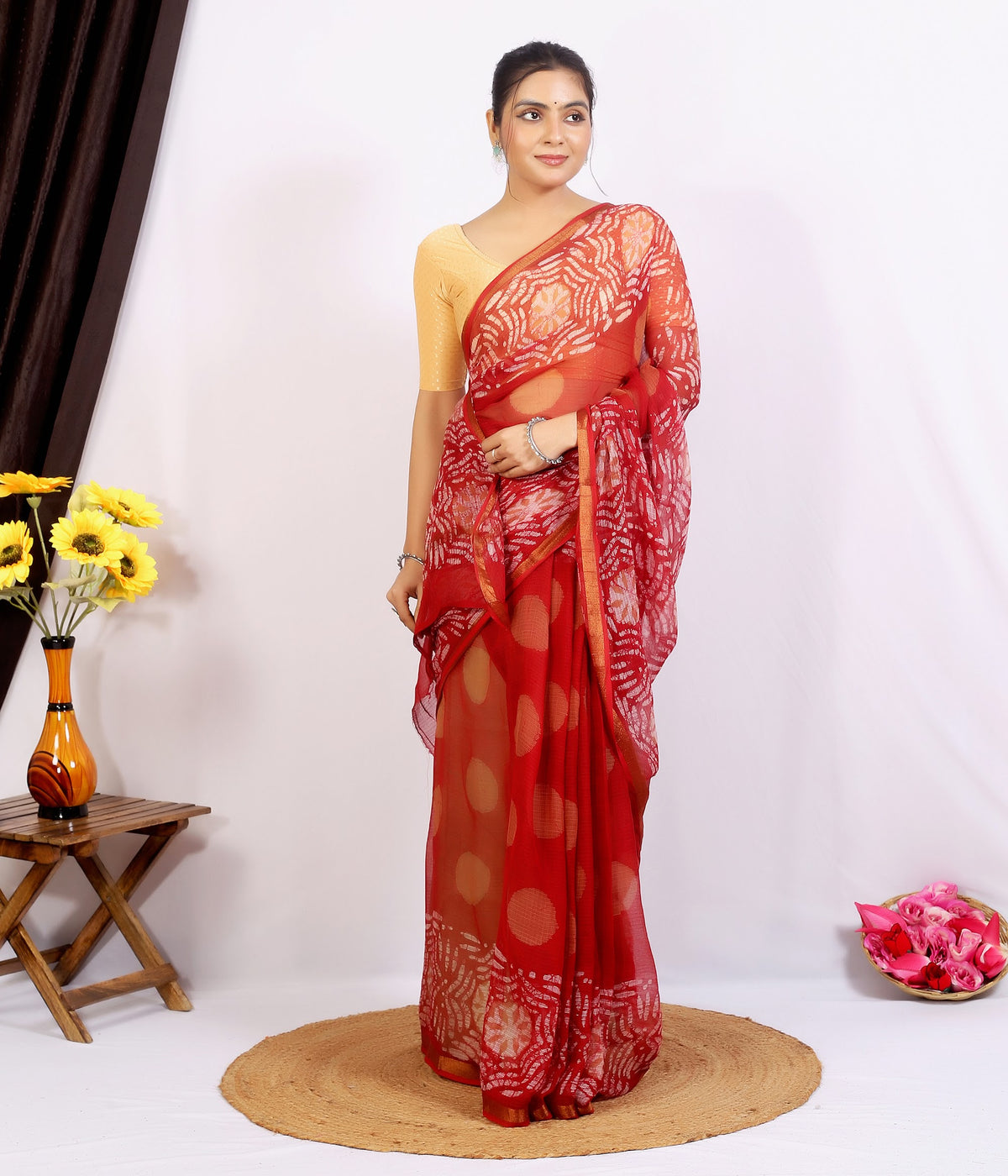 Red Bagru Floral Kota Doria bagru hand block print saree with blouse – red – wholesale Jaipur – view 5