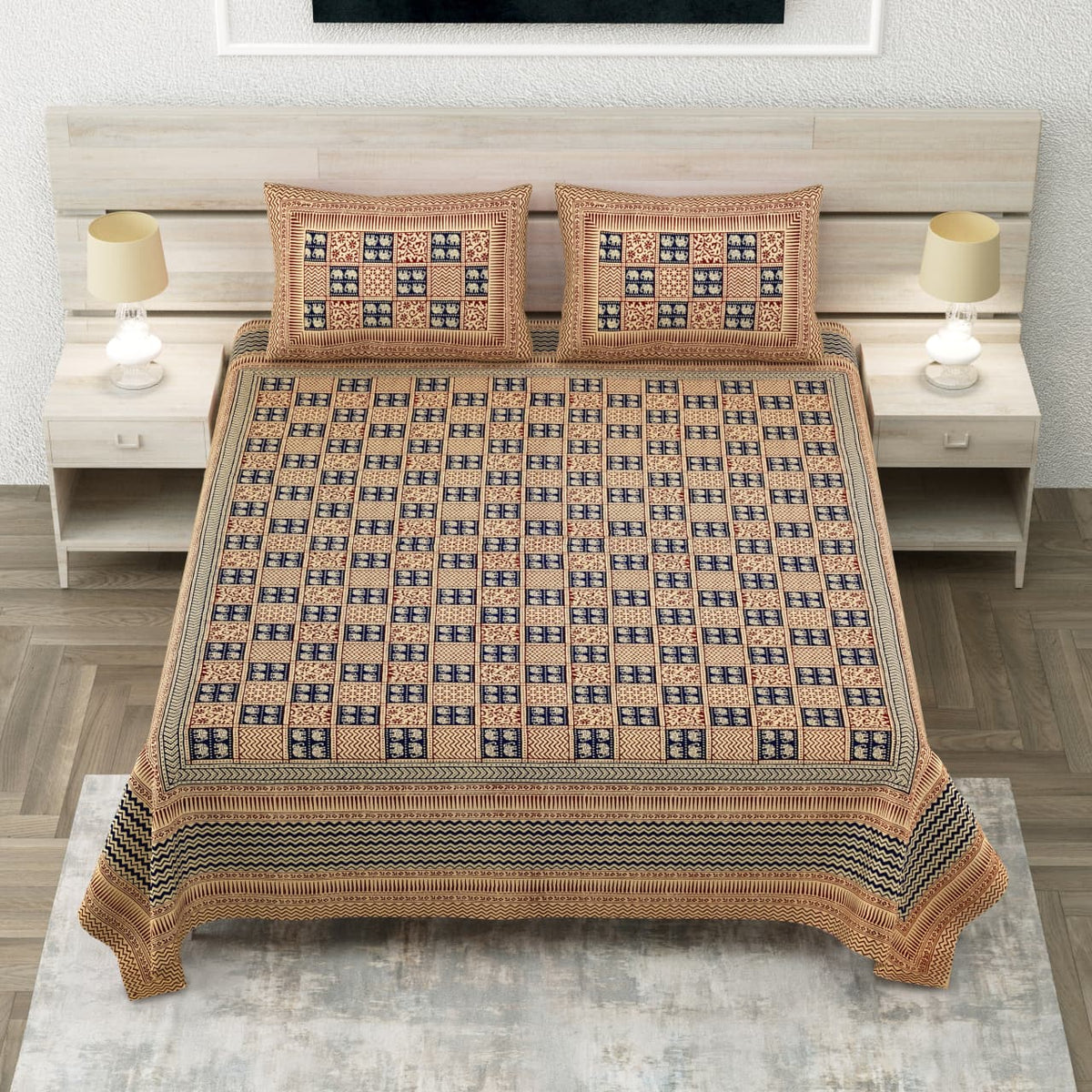 Royal Sanganer Blue Chowkdi Pure Cotton Double Bedsheet 90x108 with 2 Pillow Covers Bedsheet 1cnOyh7pz3GOGw7ye3xJPg6jpU1BNlX4u_w2000