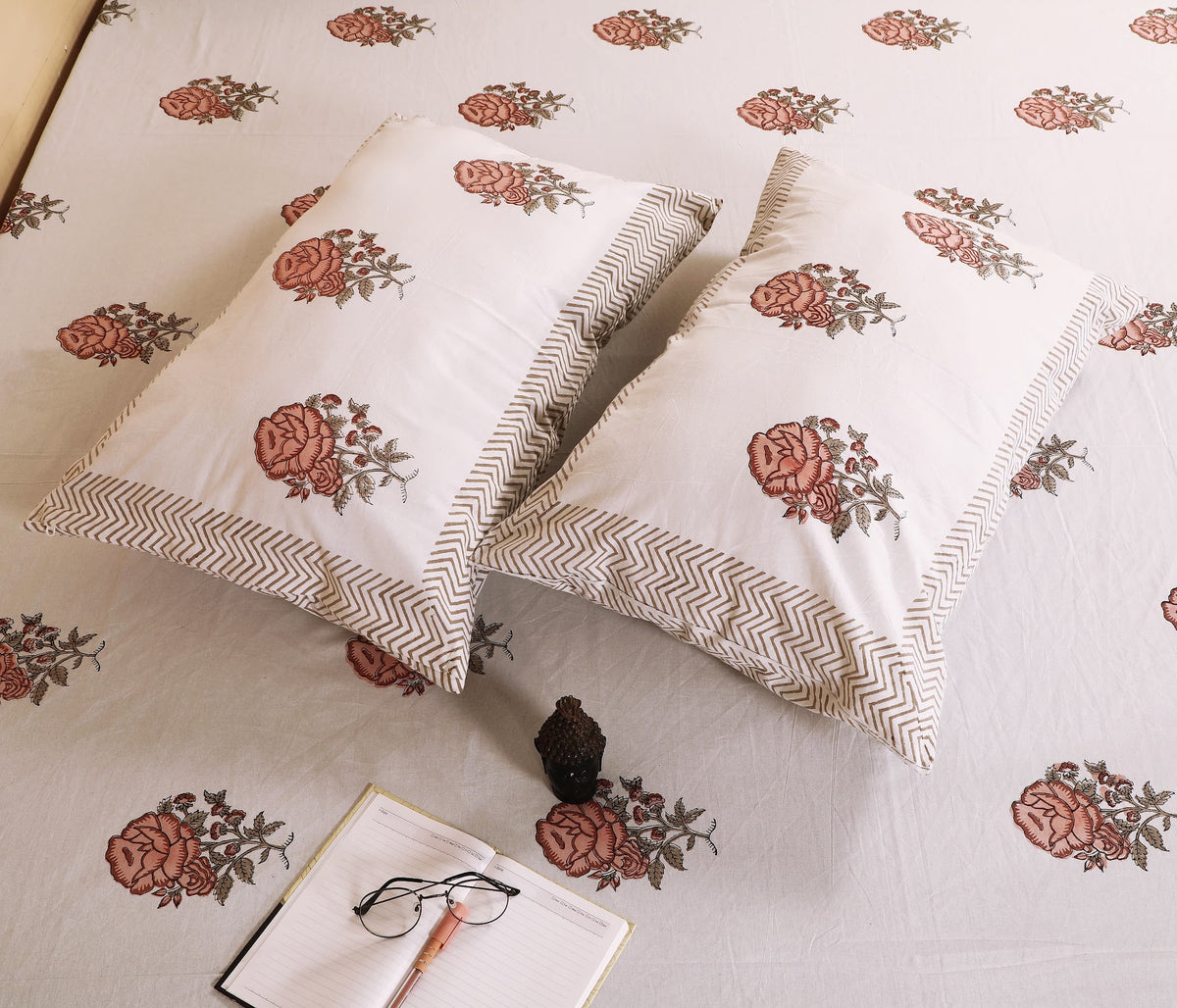 Coral Gulab hand block printed Murugan cotton double bedsheet 95x108 with 2 pillow covers – coral and grey – wholesale Jaipur – view 3
