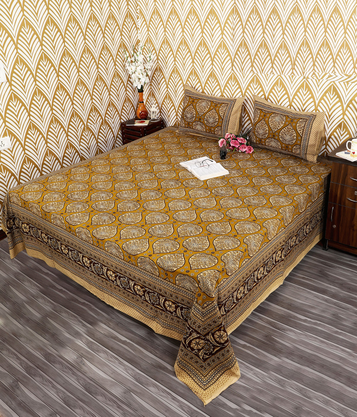 Bagru Mahal Mustard Mughal Medallion Cotton King Size Bedsheet 108x108 with 2 Pillow Covers Bedsheet 1d9M55IsamqMS3sXNISB1M8g8qkgJ0VAY_w2000