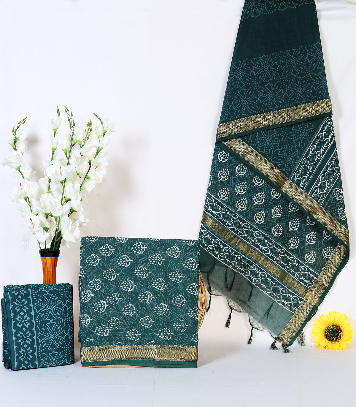 Mor Pankh Buta peacock green buta maheshwari silk hand block print suit material with zari border – wholesale Jaipur