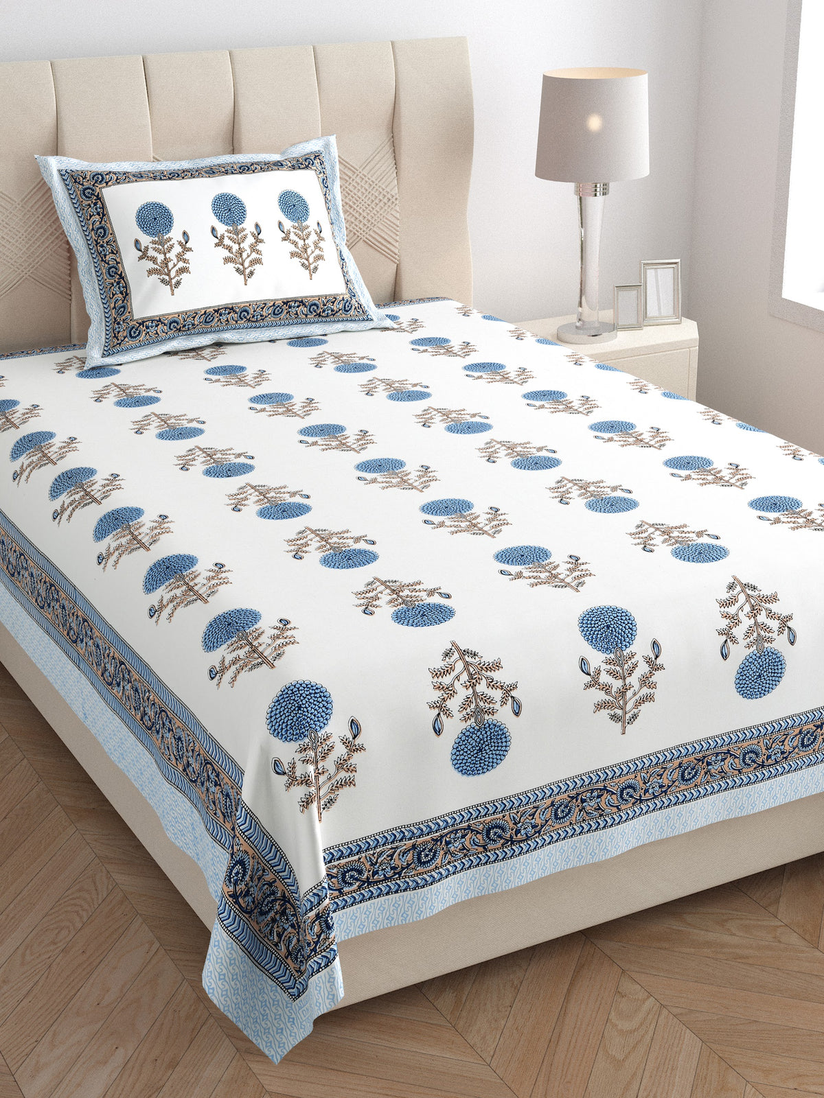 Elora Blue Marigold Buta Murugan cotton single bedsheet 60x90 with pillow cover – blue – wholesale Jaipur