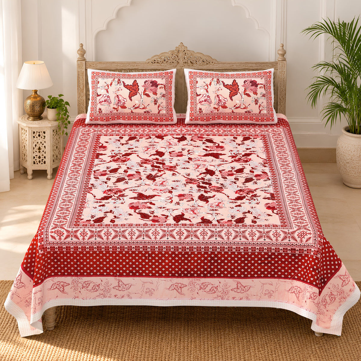 Coral Red Bird Floral pure cotton double bedsheet 90x108 – Unnati collection
