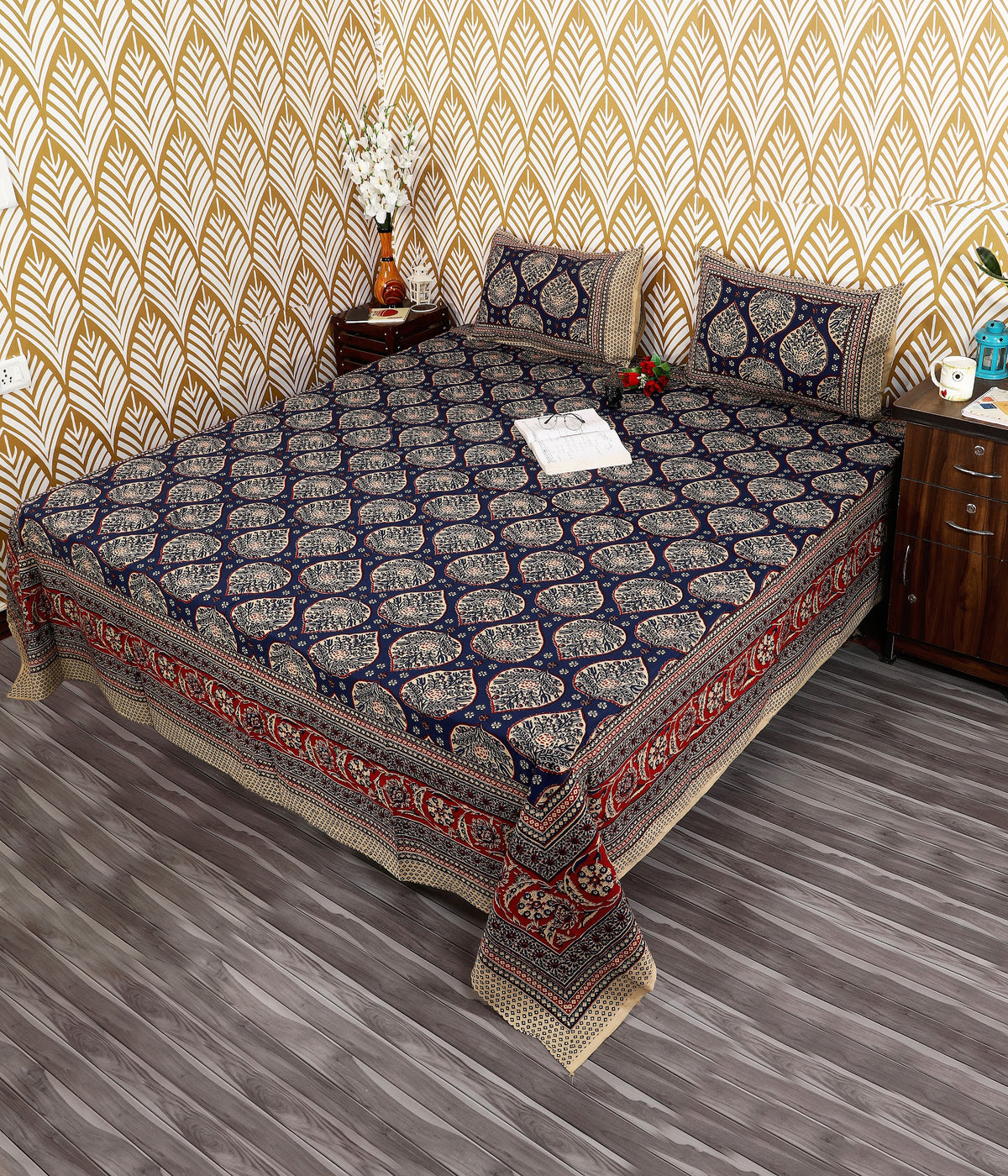 Bagru Mahal Navy Mughal Medallion Cotton King Size Bedsheet 108x108 with 2 Pillow Covers Bedsheet 1dWQJJfAiyoM3IJyk3ek_Y_nznLFmONK9_w2000