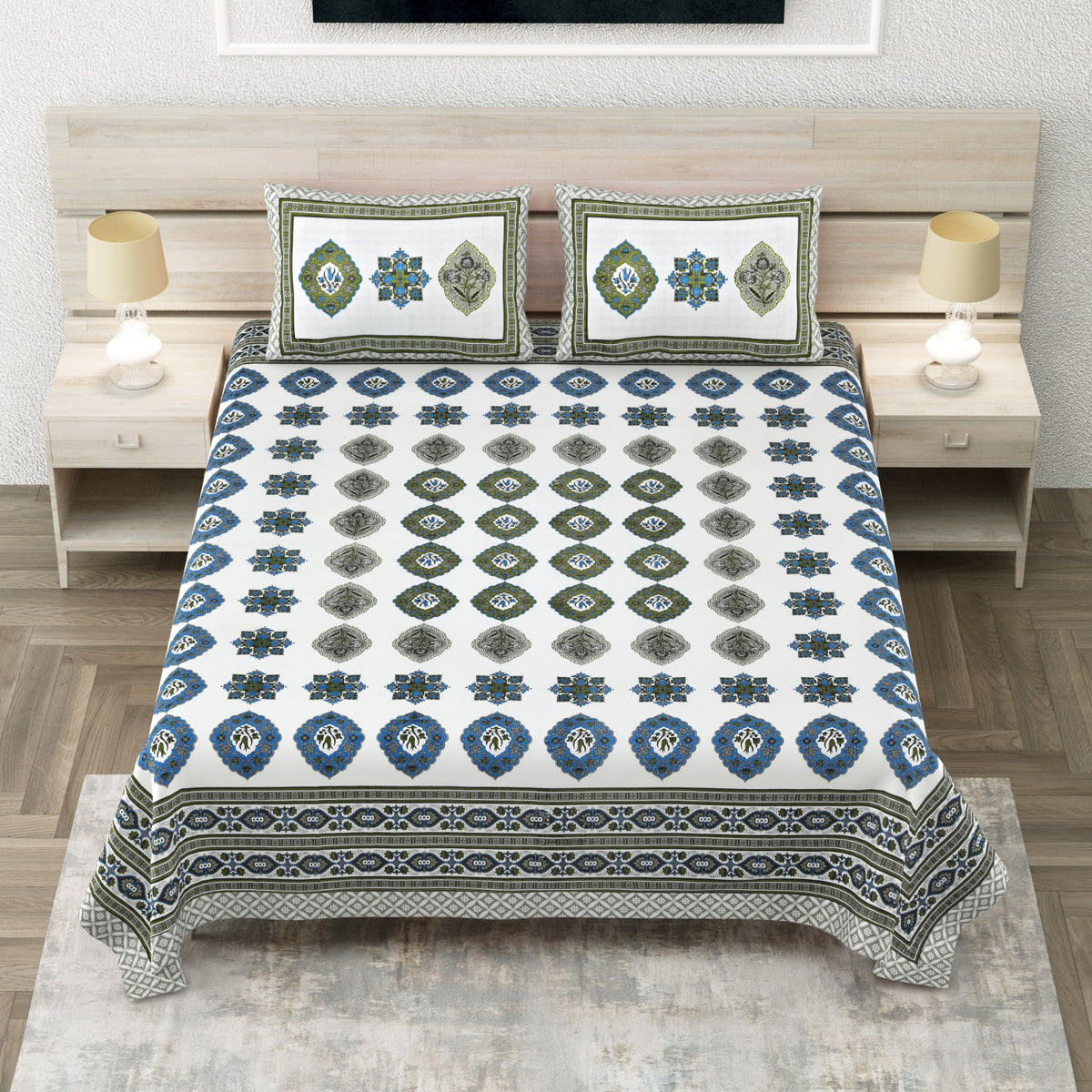 Avantika Navy Green Medallion Cotton King Bedsheet With 2 Pillow Covers Bedsheet 1djBuWFrFcfa4mMJtuWdAoeghnUGwdRCH_w2000