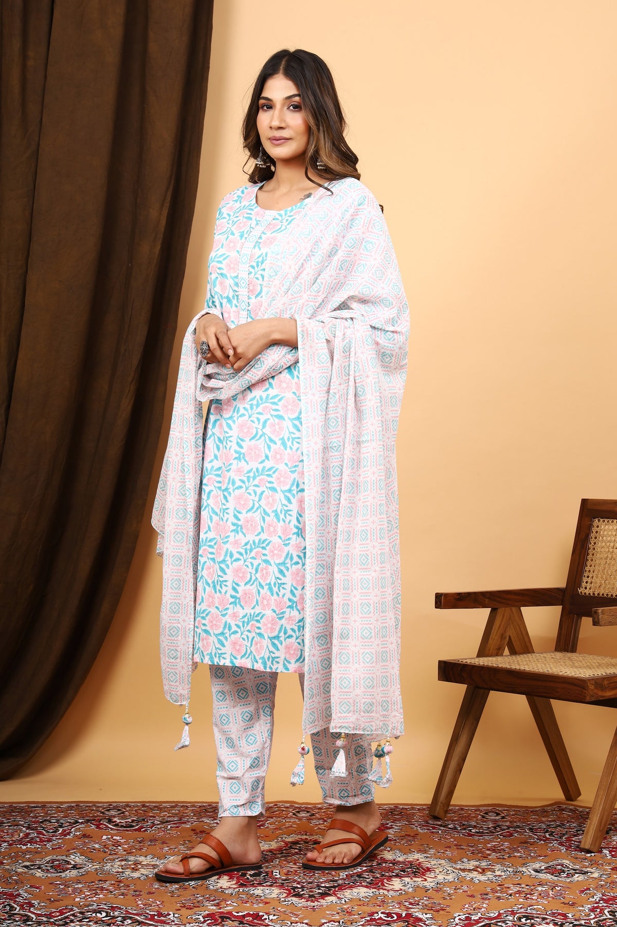 White Aqua Floral kurta pant dupatta set – make to order wholesale