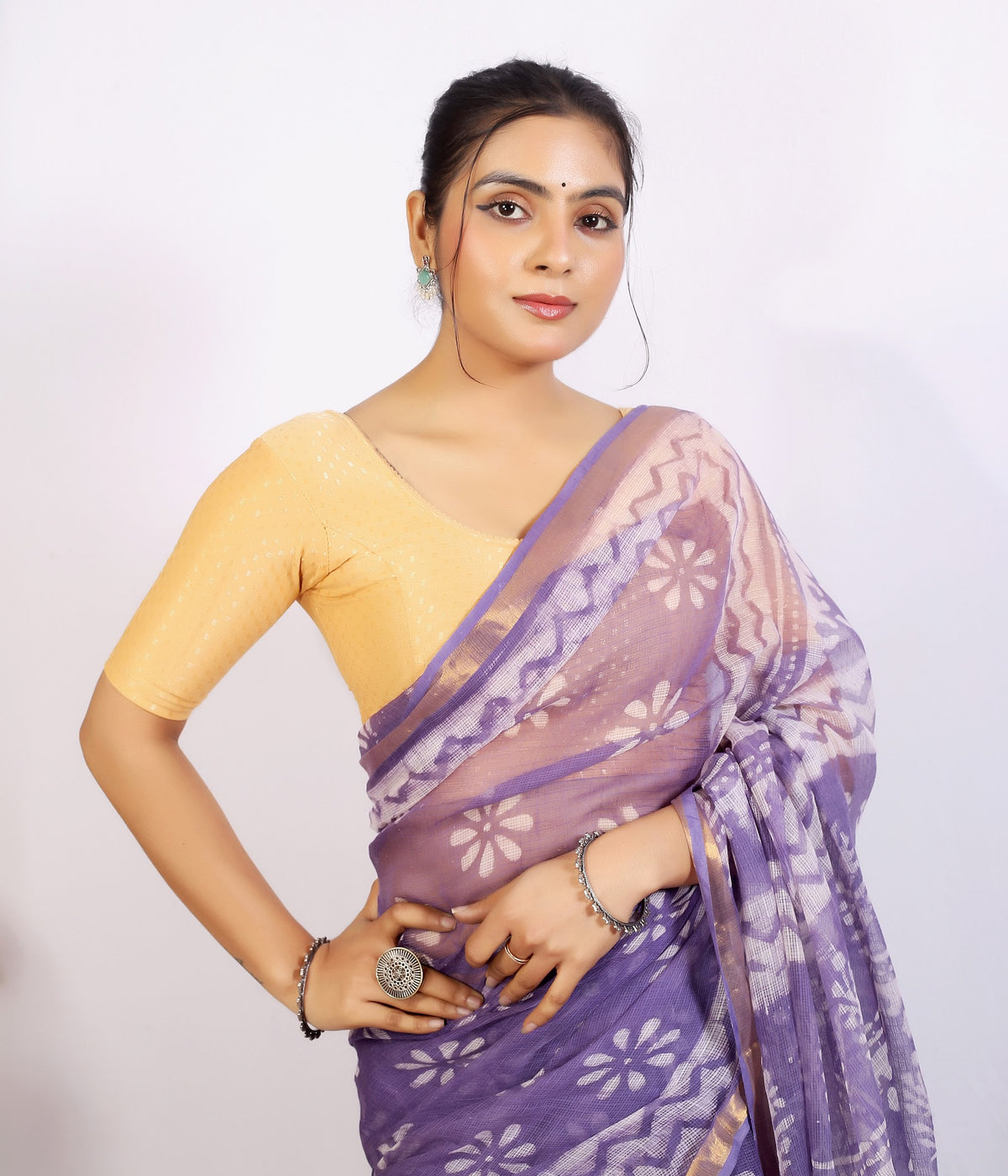 Lavender Floral Buta Kota Doria bagru hand block print saree with blouse – lavender – wholesale Jaipur – view 2