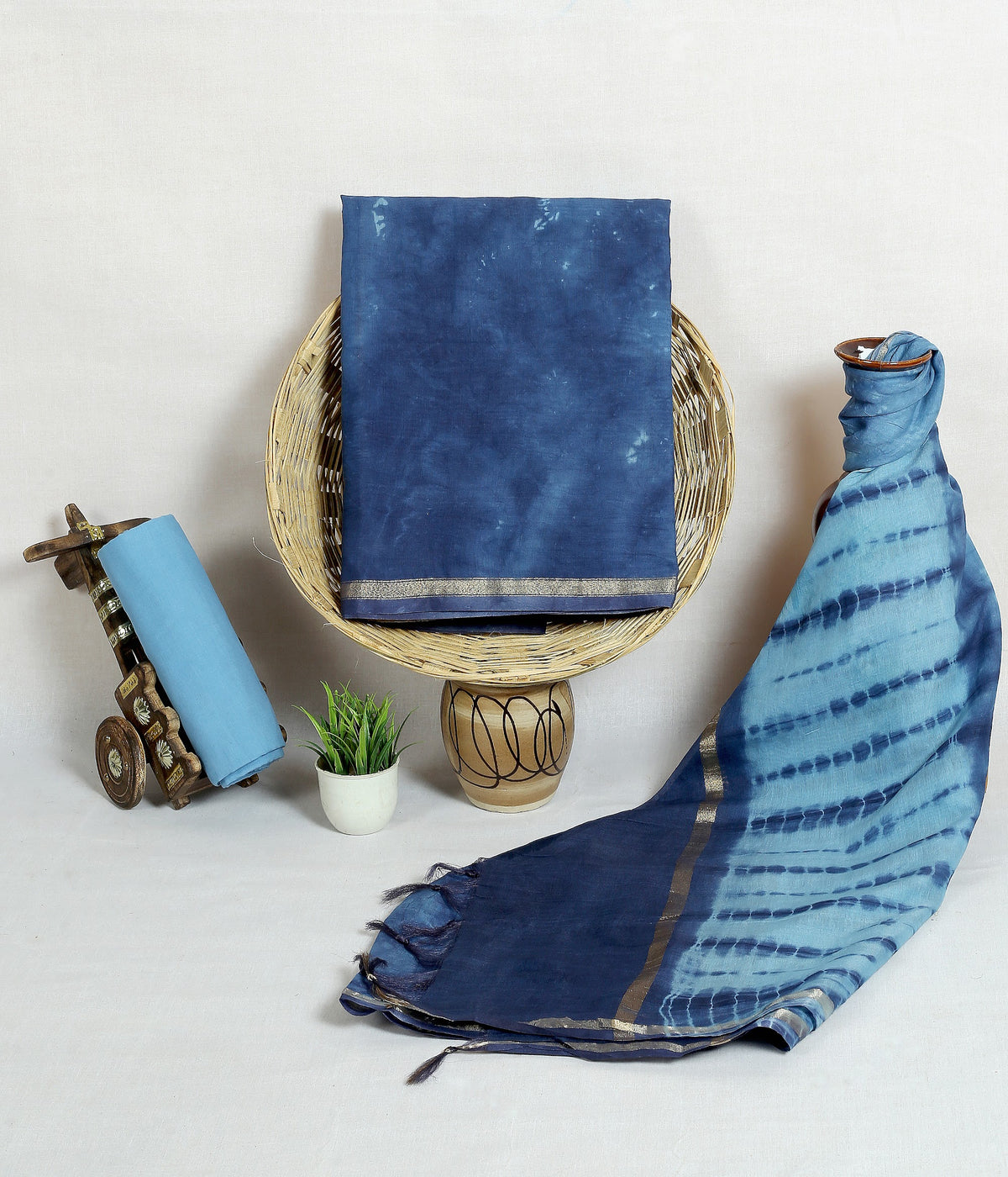 Neel Shibori Indigo Shibori Chanderi silk tie-dye suit material