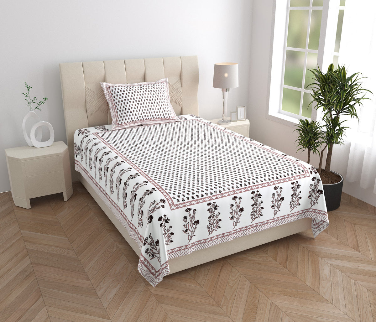 Elora Mauve Grey Buti Border Murugan cotton single bedsheet 60x90 with pillow cover – mauve grey – wholesale Jaipur – view 5