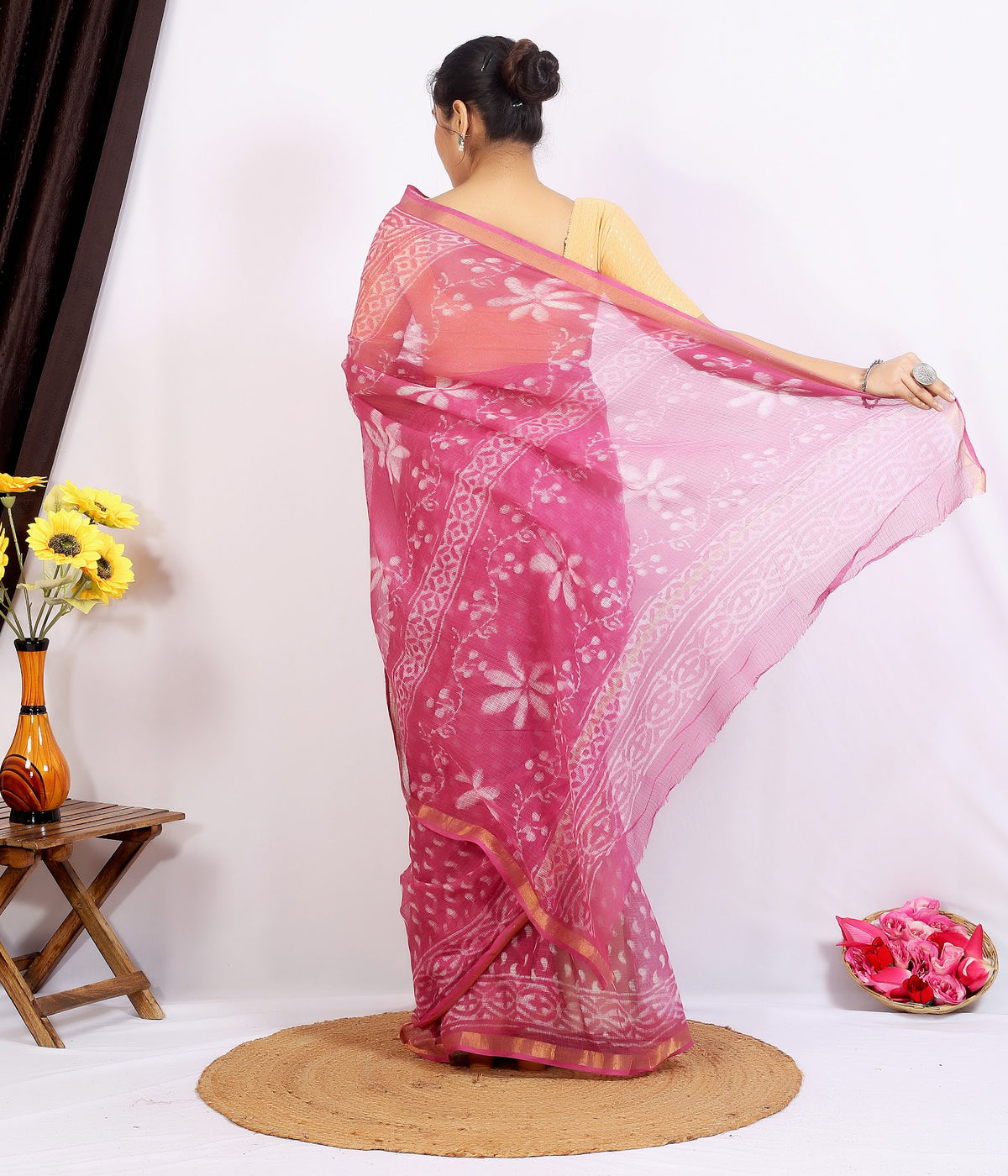 Pink Bagru Jaal Kota Doria bagru hand block print saree with blouse – pink – wholesale Jaipur – view 4