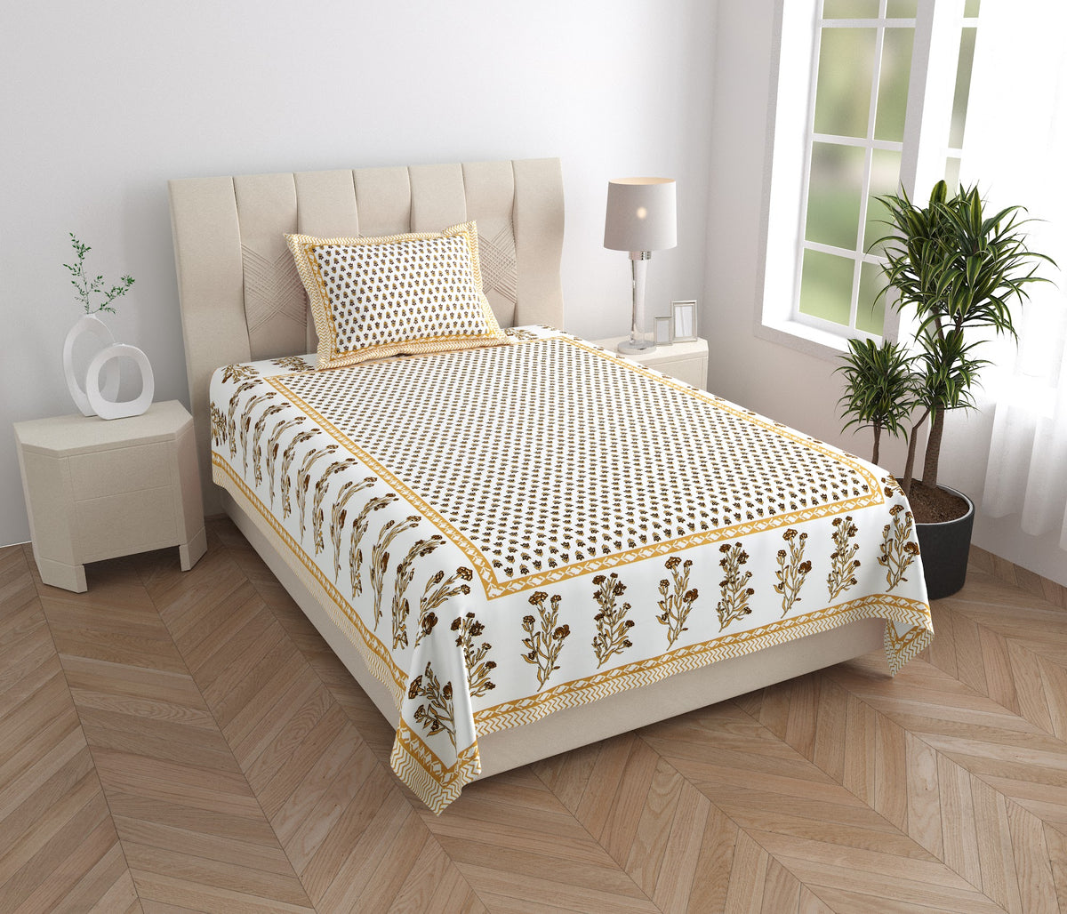 Elora Mustard Buti Border Murugan cotton single bedsheet 60x90 with pillow cover – mustard – wholesale Jaipur – view 5