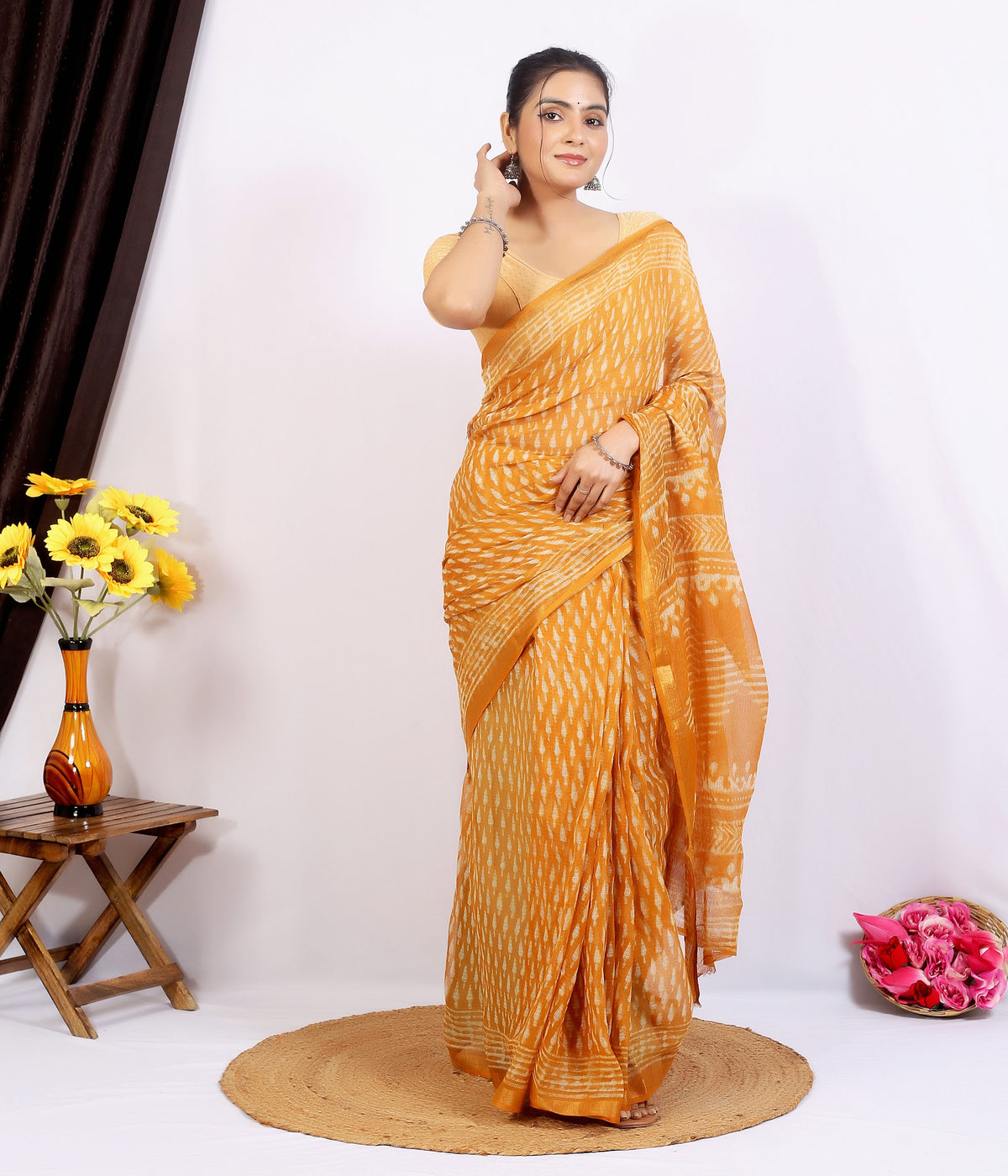 Mustard Bagru Buti Kota Doria bagru hand block print saree with blouse – mustard yellow – wholesale Jaipur – view 5