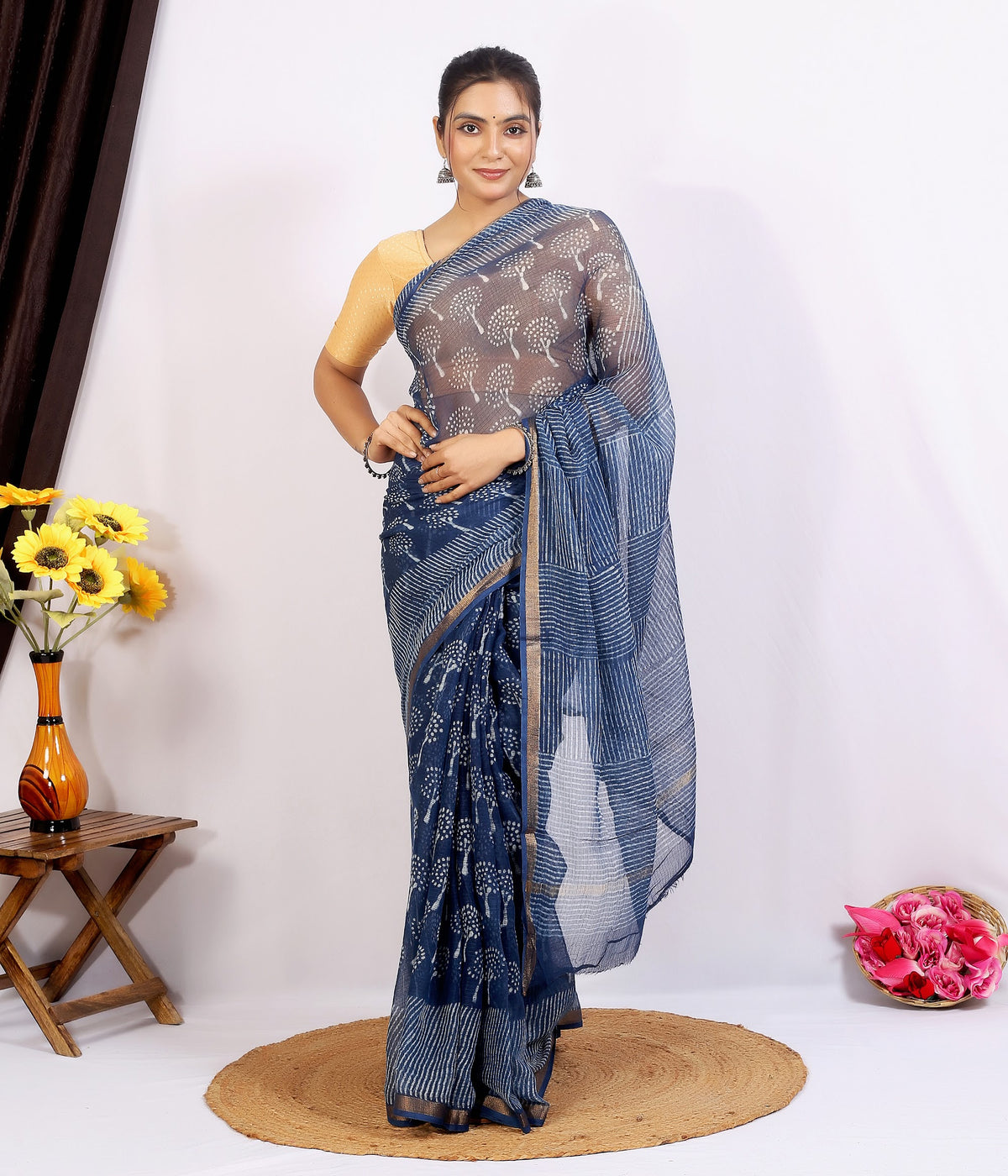 Indigo Dabu Tree Buti Kota Doria dabu hand block print saree with blouse – indigo blue – wholesale Jaipur