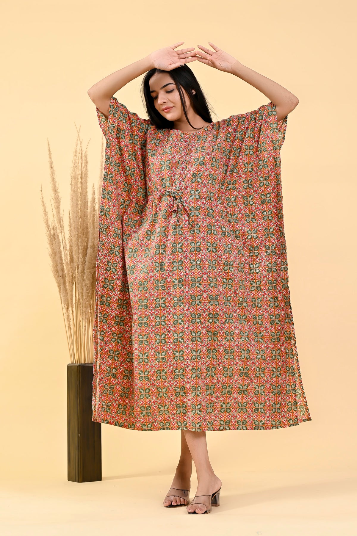 Rust Orange Floral long kaftan – make to order wholesale – view 4
