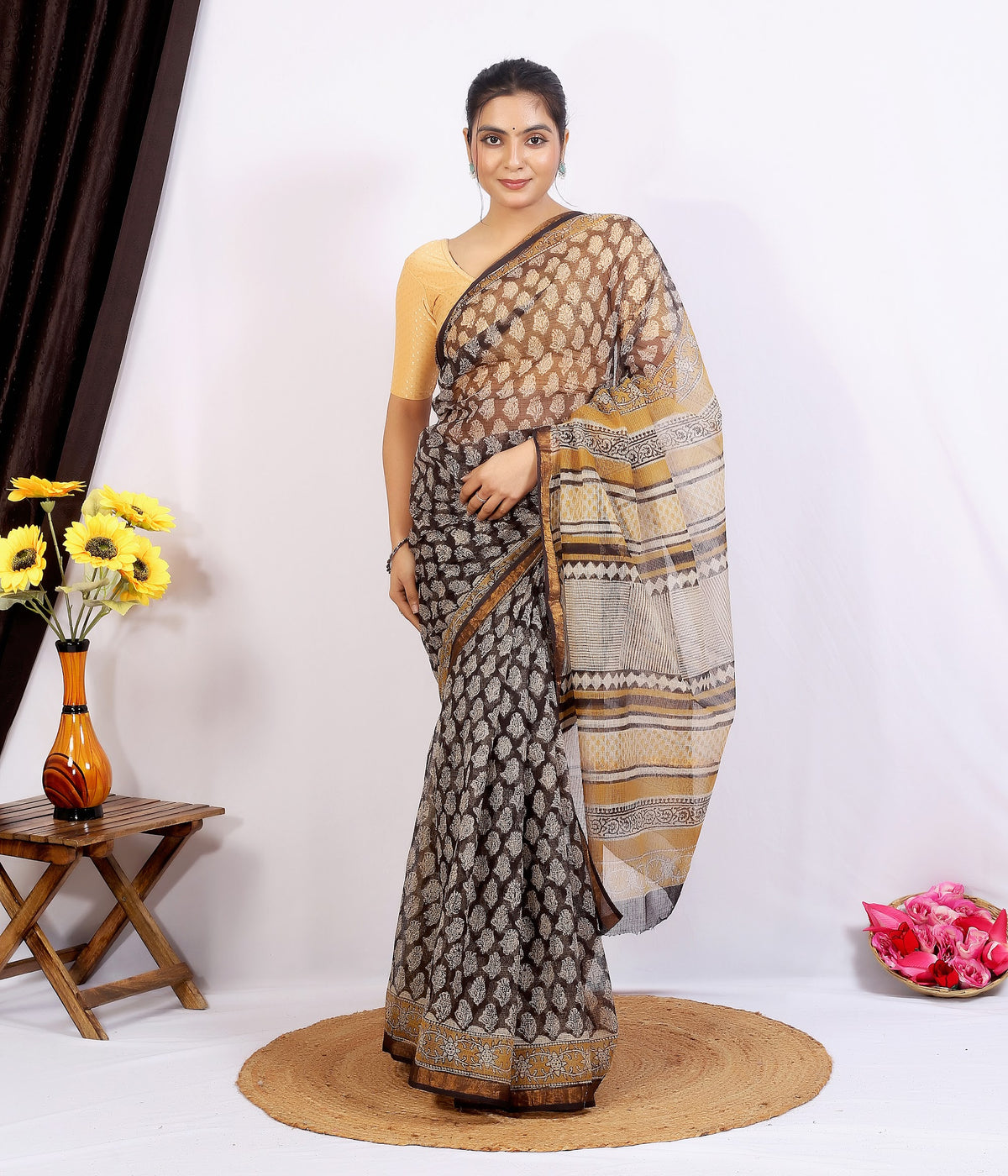 Grey Beige Bagru Jaal Kota Doria bagru hand block print saree with blouse – grey and beige – wholesale Jaipur
