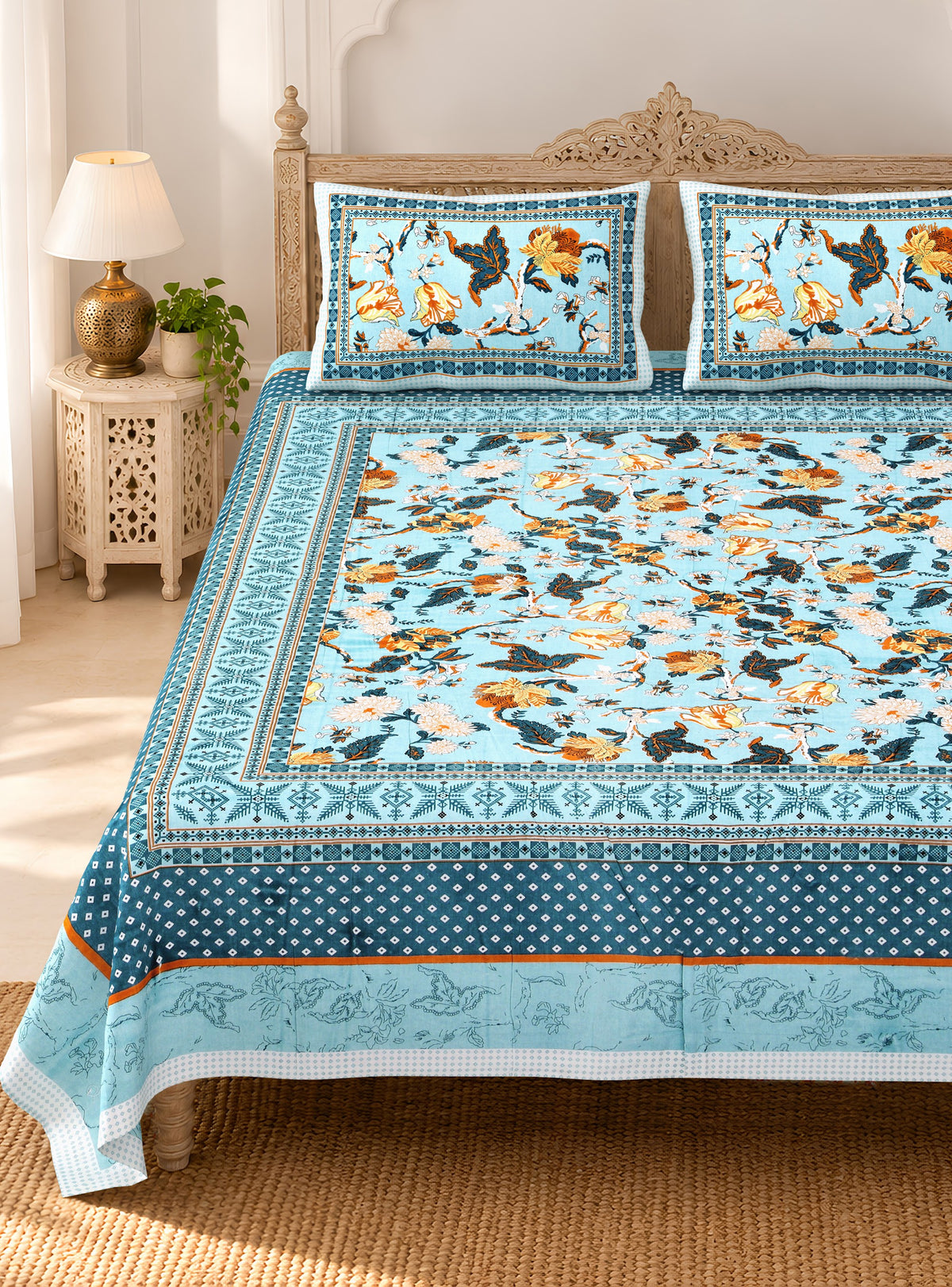 Sky Blue Bird Floral pure cotton double bedsheet 90x108 – Unnati collection – view 2