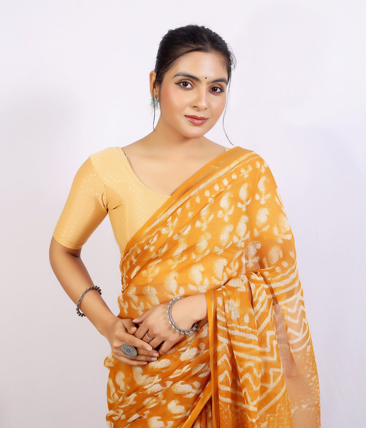 Orange Bagru Jaal Kota Doria bagru hand block print saree with blouse – orange – wholesale Jaipur – view 2