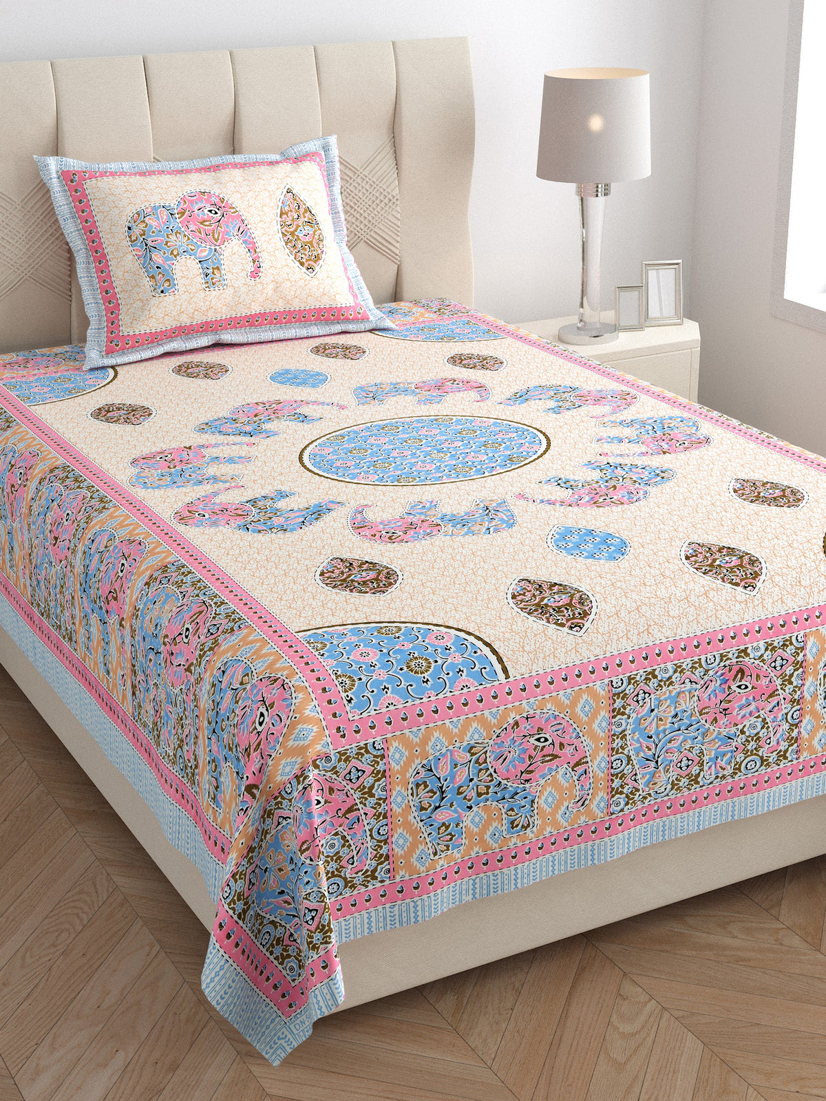 Elora Pink Elephant Mandala Murugan cotton single bedsheet 60x90 with pillow cover – pink – wholesale Jaipur