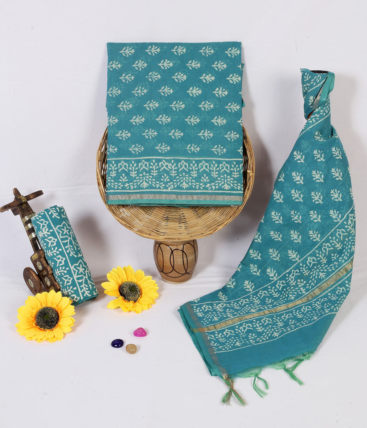 Mor Buti Teal Buti Chanderi silk hand block print suit material