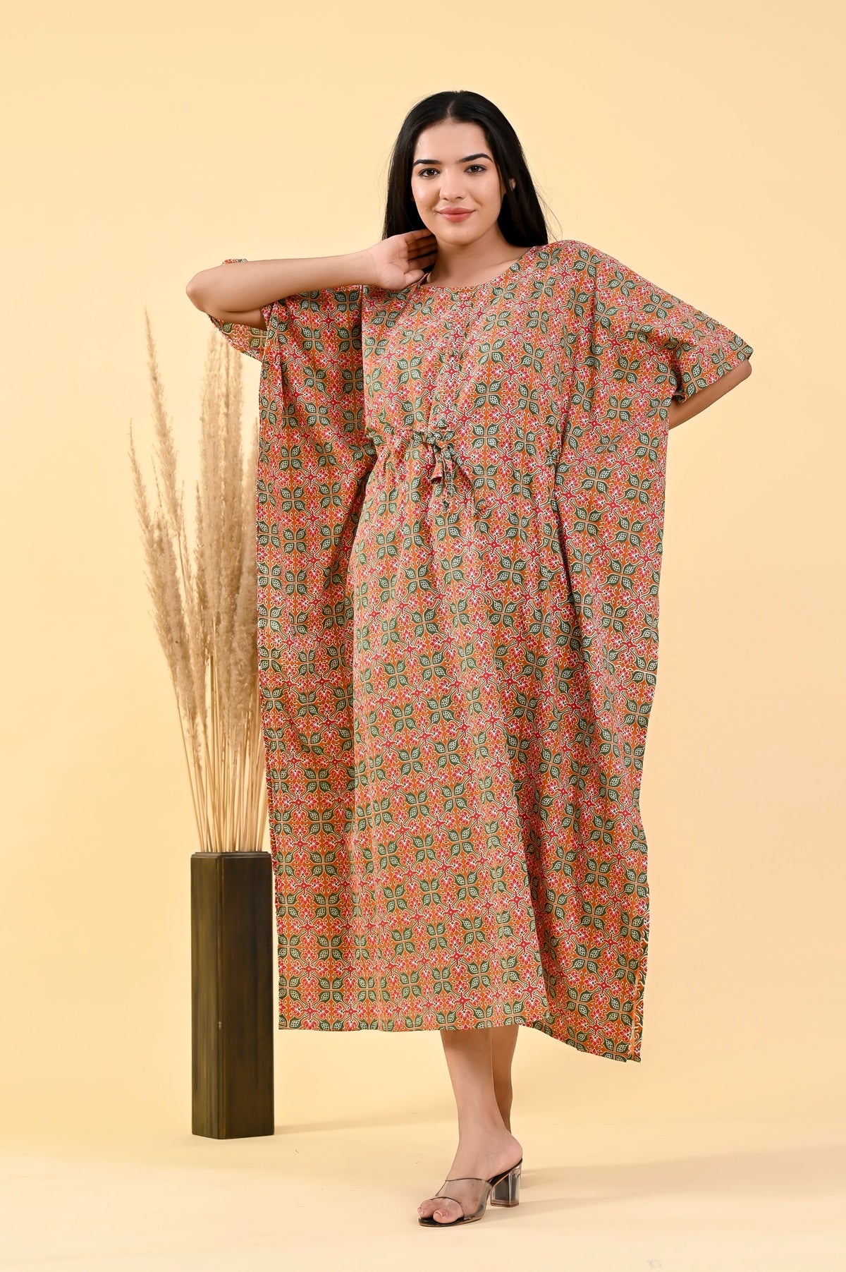 Rust Orange Floral long kaftan – make to order wholesale – view 3