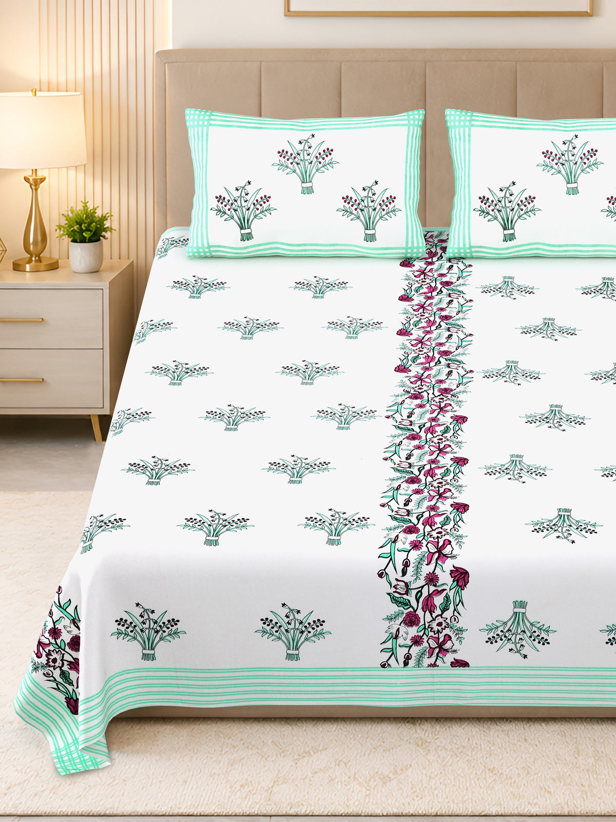 Kalashree Mint Border Floral Bel premium cotton double bedsheet 100x108 with 2 pillow covers – mint green and grey – wholesale Jaipur