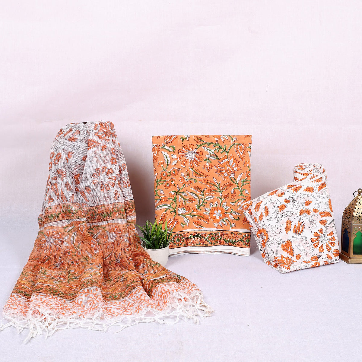 Rangeen Orange Floral Kairi Hand Block Print Cotton Suit with Kota Doria Dupatta – Unstitched 3 Piece Suit Material 1fg-MTMi0xDuswKoe3gW-5PpkG7PxgFMa_w2000