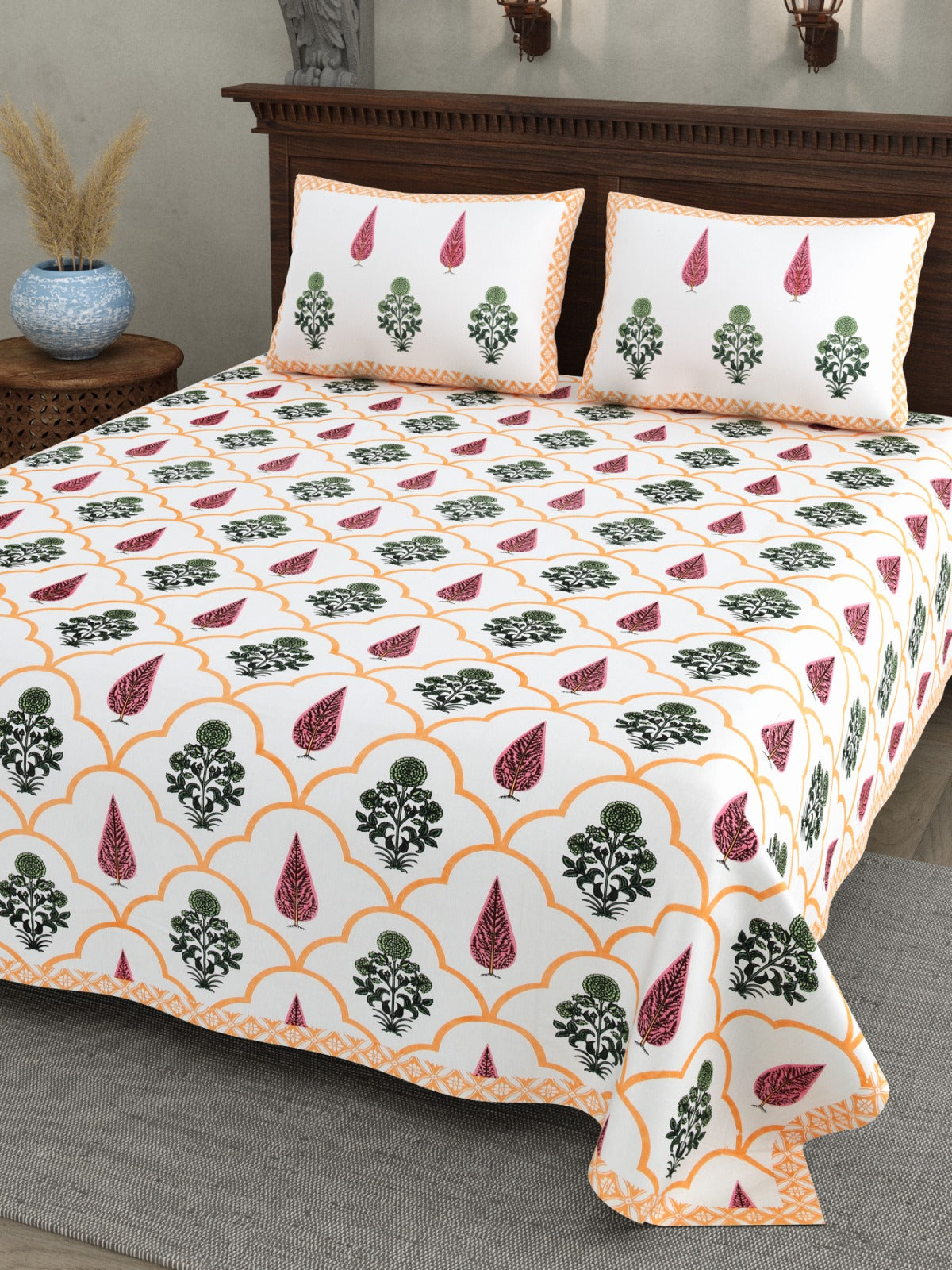 Elite Peach Mughal Trellis Cotton Double Bedsheet 90x108 with 2 Pillow Covers Bedsheet 1fzV7U-nO5_64wk_r1q0nShBufEWUahjd_w2000