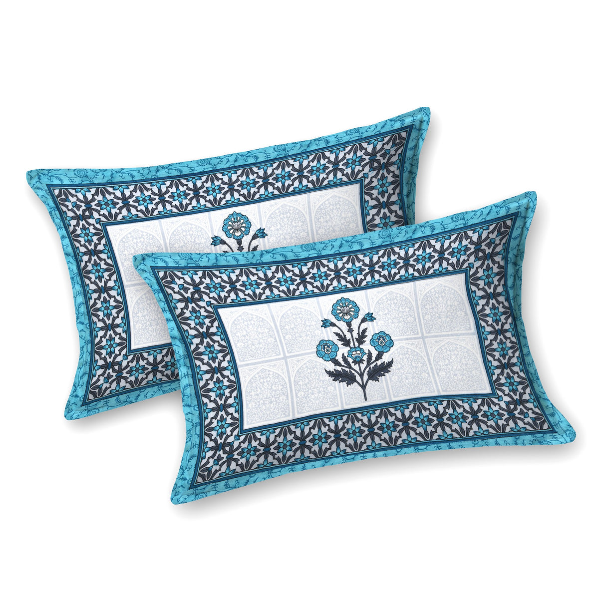 Kalashree Teal Mughal Panel premium cotton double bedsheet 100x108 with 2 pillow covers – teal – wholesale Jaipur – view 2