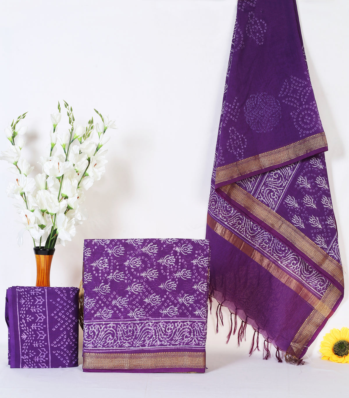 Baingani Buta violet flower buta maheshwari silk hand block print suit material with zari border – wholesale Jaipur