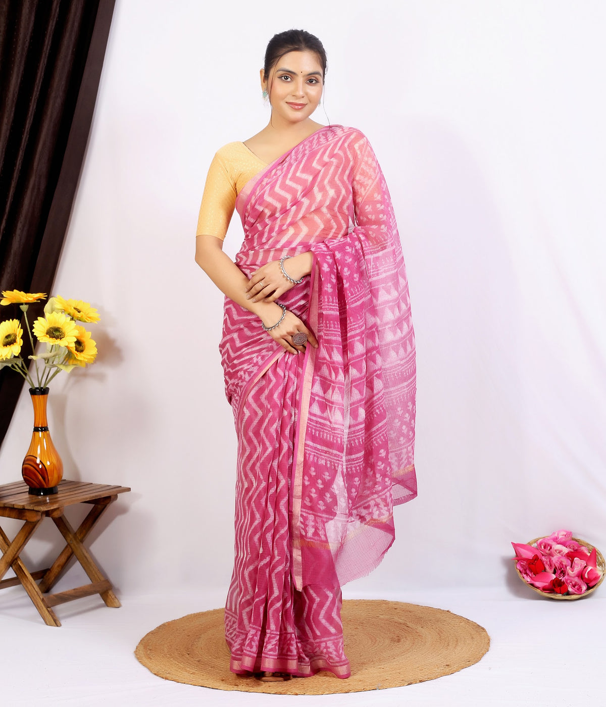 Pink Floral Buta Kota Doria bagru hand block print saree with blouse – pink – wholesale Jaipur