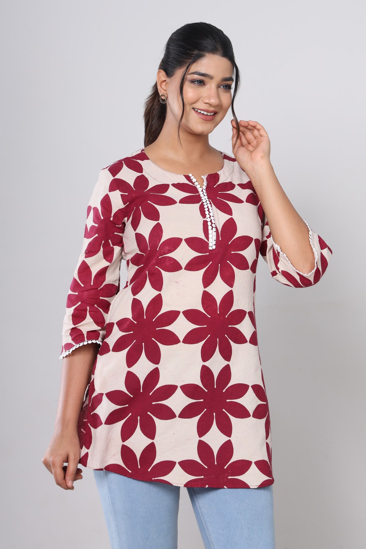Hand Block Printed Cotton Short Kurti – Maroon Star Flower (Make to Order) Ready to Wear 1gSOIARFbGhgErL6XErJFi1bisizGclp1_w2000