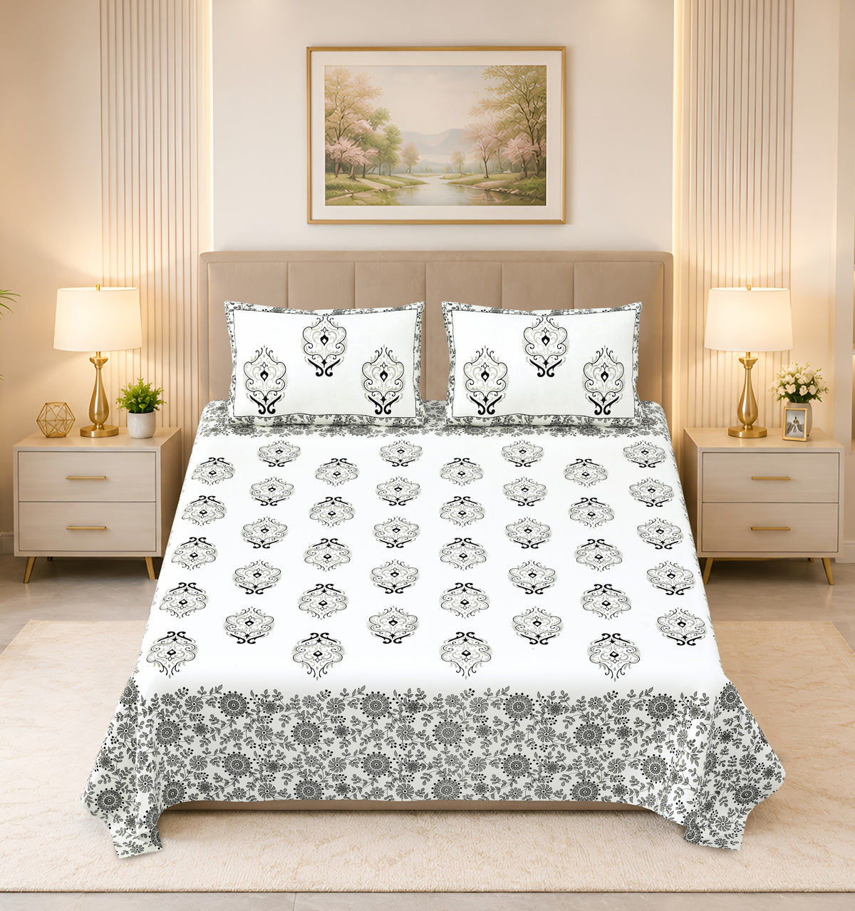 Kalashree Grey Paisley Border premium cotton double bedsheet 100x108 with 2 pillow covers – grey and black – wholesale Jaipur – view 3