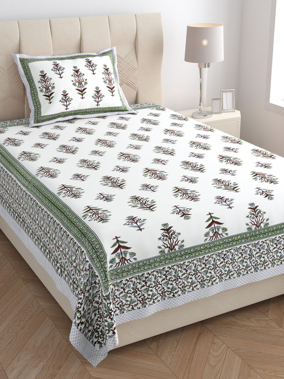 Elora Green Border Mughal Buta Murugan cotton single bedsheet 60x90 with pillow cover – green – wholesale Jaipur