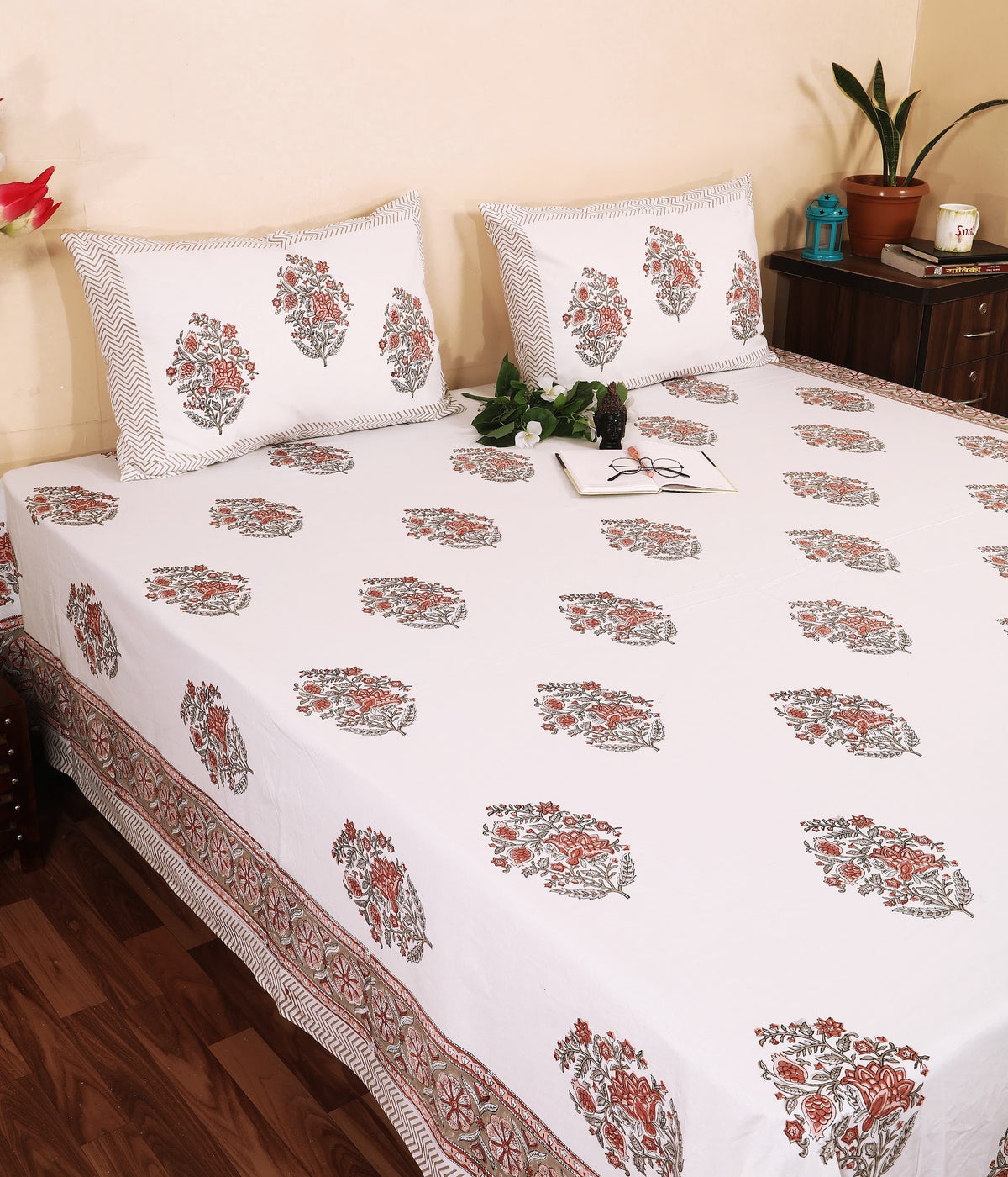 Terracotta Guldasta hand block printed Murugan cotton double bedsheet 95x108 with 2 pillow covers – terracotta and grey – wholesale Jaipur