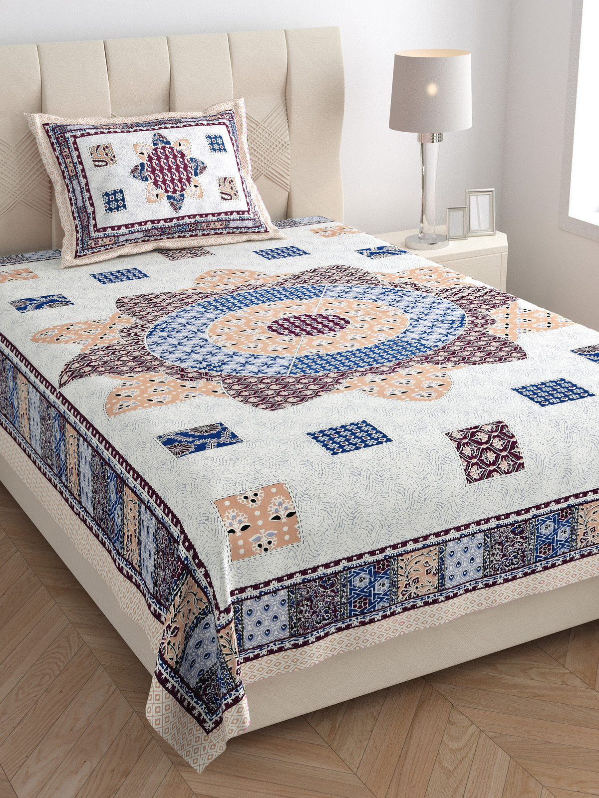 Elora Mauve Patchwork Medallion Murugan cotton single bedsheet 60x90 with pillow cover – mauve – wholesale Jaipur