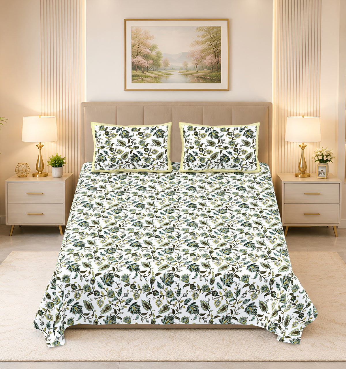 Kalashree Olive Leaf Jaal premium cotton double bedsheet 100x108 with 2 pillow covers – olive green – wholesale Jaipur