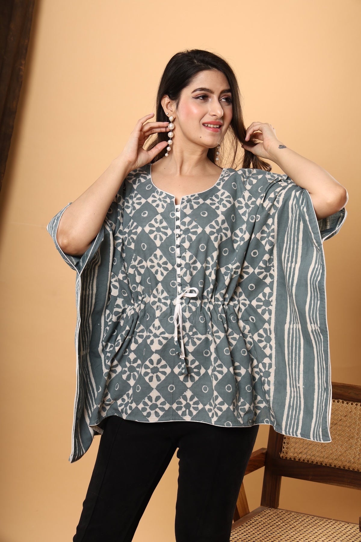 Grey Floral Stripe short kaftan top – make to order wholesale – view 5