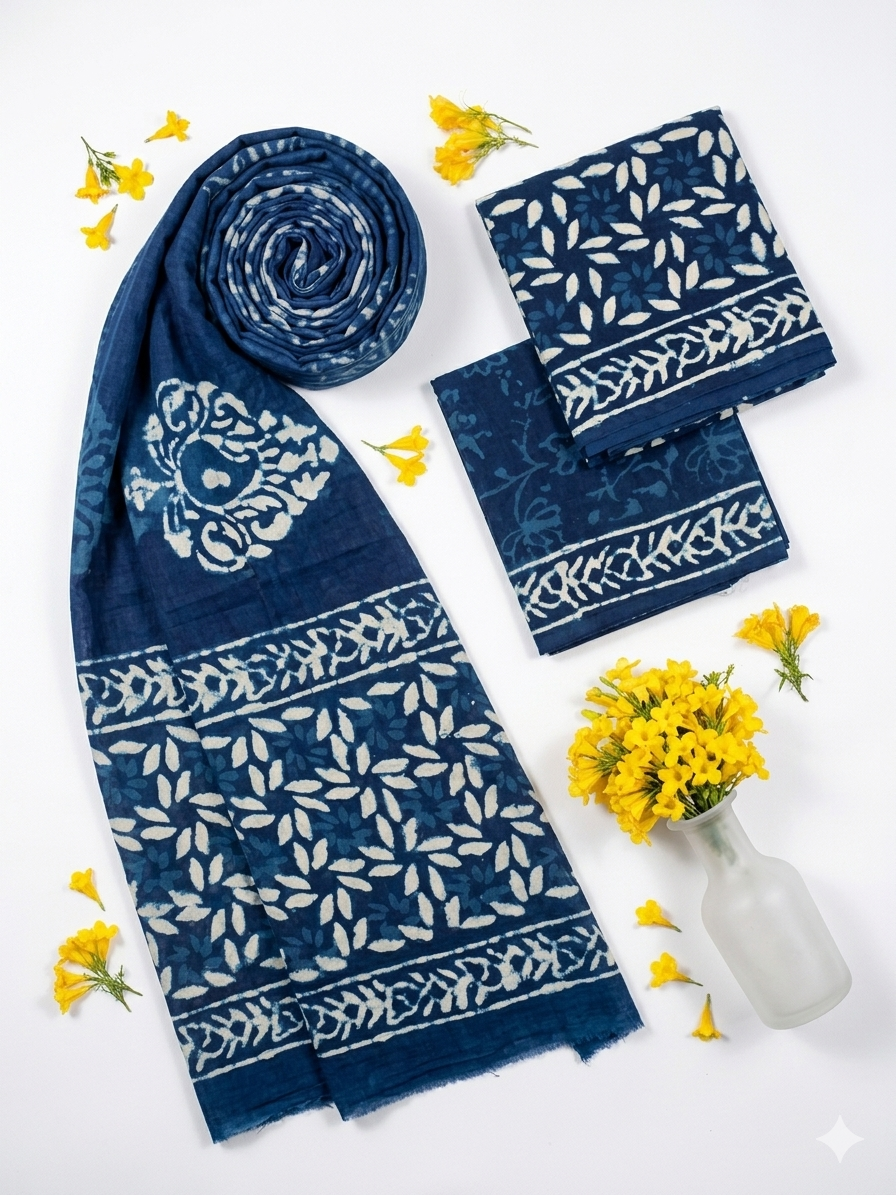 Hand Block Print Cotton Suit Material with Mulmul Dupatta | Neel Bel Patti – Indigo Leaf Vine | Indigo & White | Wholesale Suit Material 1h9A8FKGi_UqbRbR0awThwLytpFarG-P8_w2000